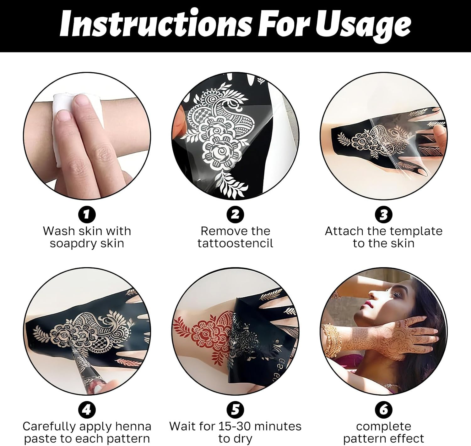 Weploda 24 Henna Tattoos Temporary Tattoo Stencils Indian Arabic Hands Tattoo Temple Stickers for Women image number 1