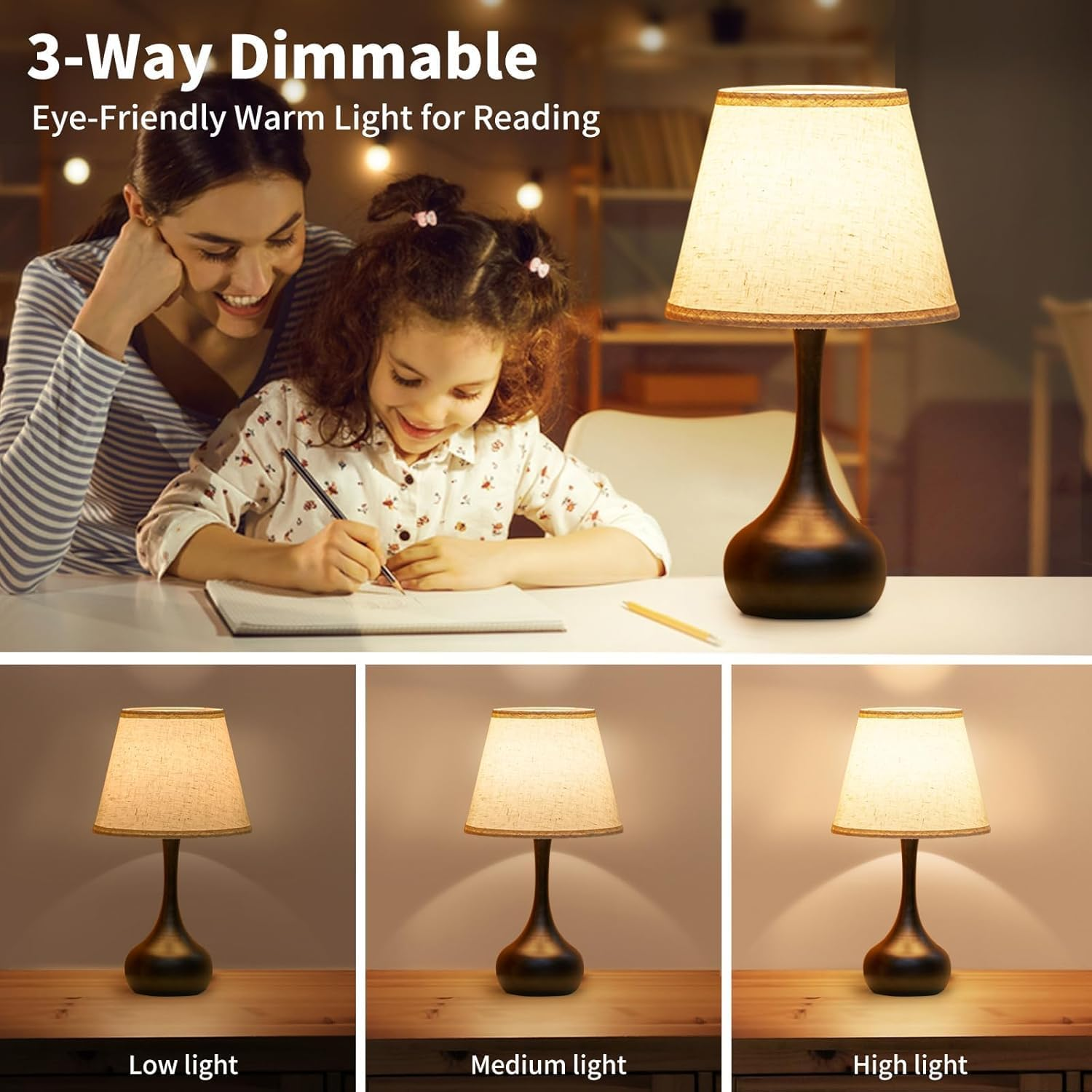Wydzanthic Touch Bedside Lamp for Bedroom, 3-Way Dimmable Farmhouse Table Lamps for Nightstand with Fabric Shade, Desk Lamp for Kids Reading, Home Office image number 6