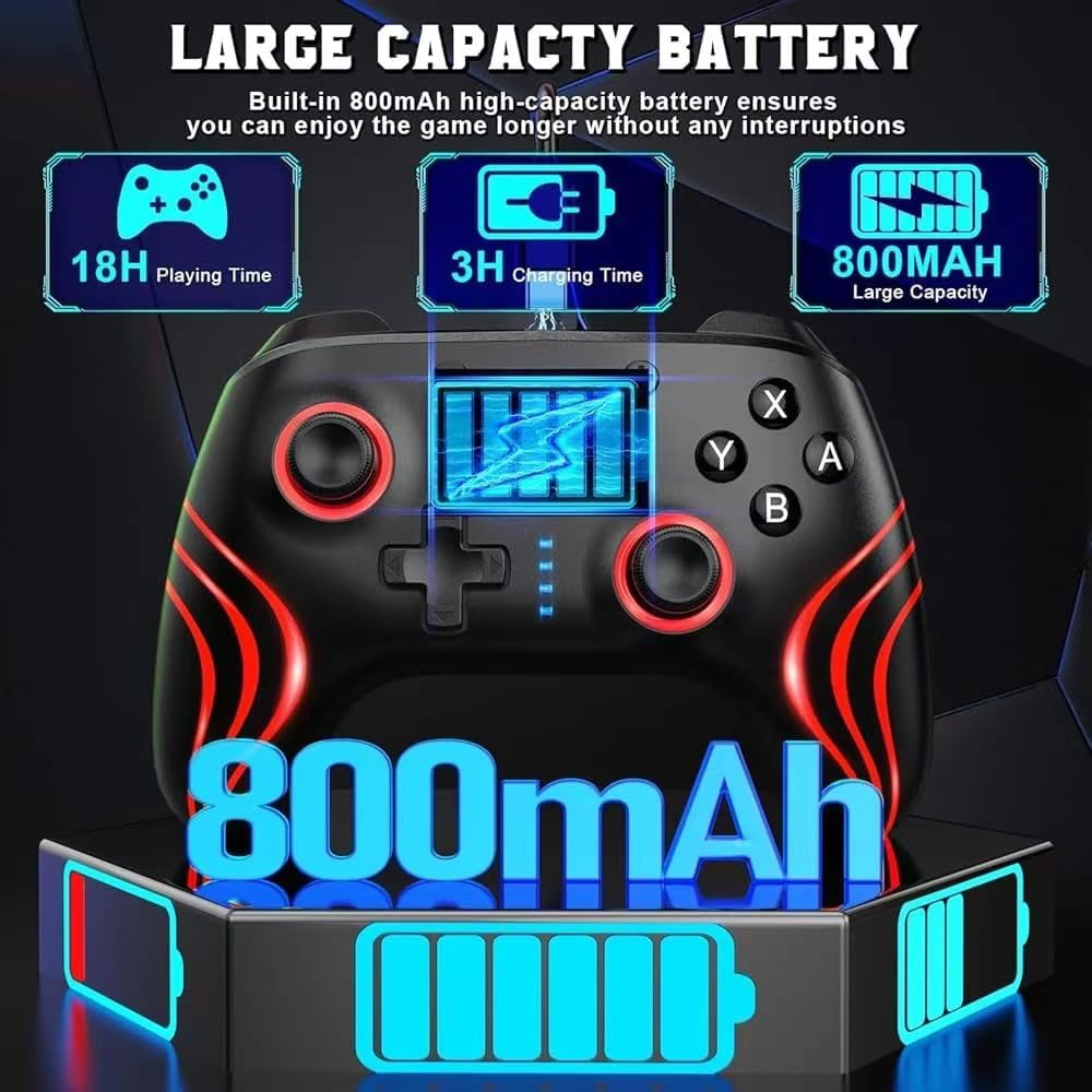 Wireless Switch Pro Controller with Hall Triggers, PC Pro Controllers for Nintendo Switch/Lite/Oled/Pc/Android/Ios/Steam with 9-Cool RGB Leds, 6-Axis Gyro Sensor Wake-Up Vibration Turbo - Black image number 6
