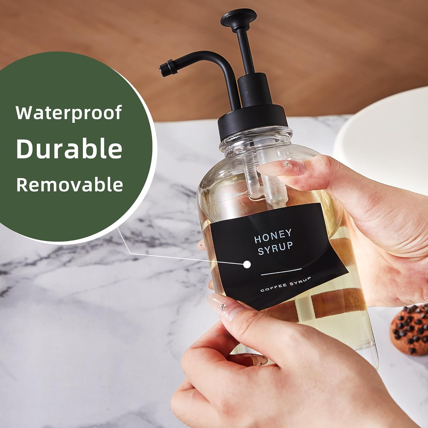 Coffee Syrup Dispensers for Coffee Bar(Set of 4), Coffee Syrup Pump Dispenser for Coffee Bar Accessories, 16.9 Oz Glass Syrup Dispenser with 36 Labels, Coffee Syrup Bottles with Matte Black Pump image number 1