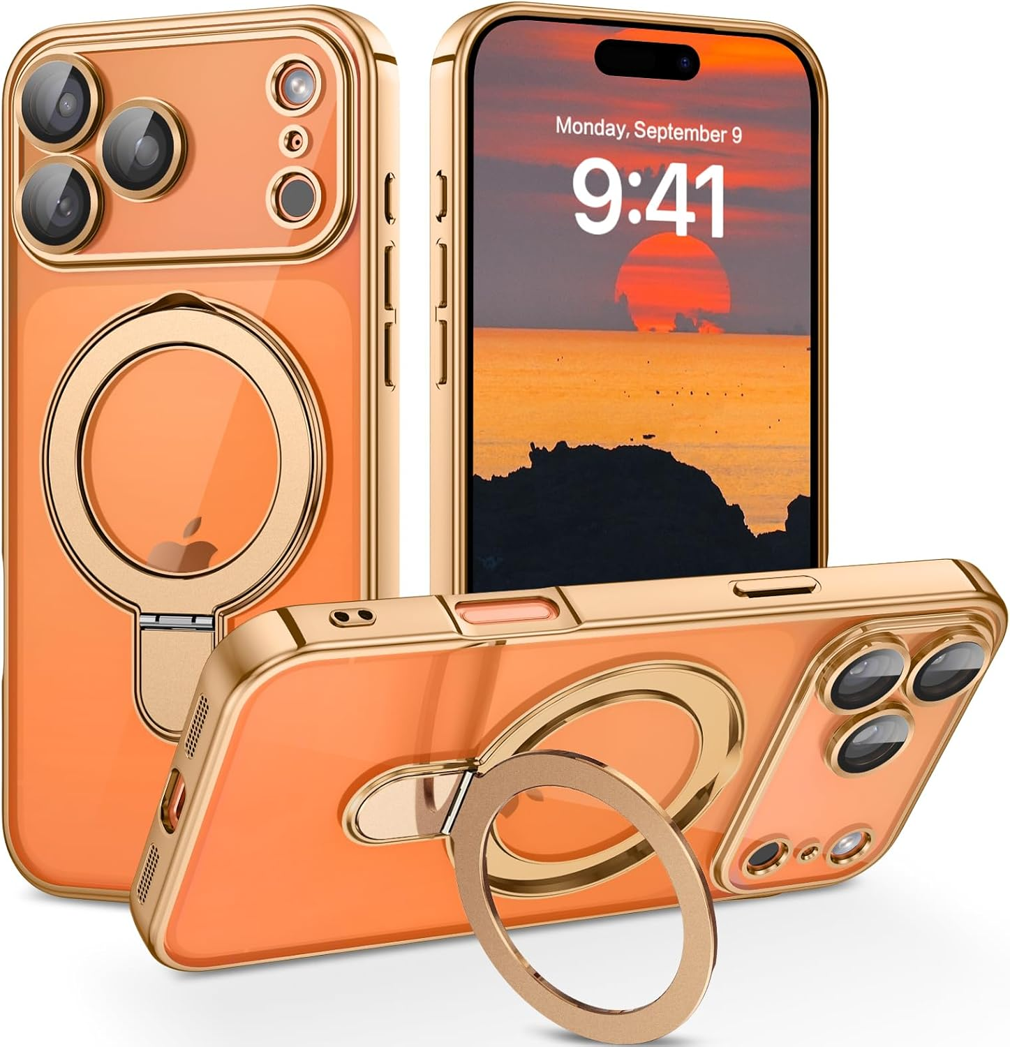 Gaobao Case for Iphone 17 Pro Max, Mobile Phone Case Iphone 17 Pro Max with Invisible Magnetic Ring Stand [Compatible with Magsafe] Coating, Transparent Back Protective Case, Gold