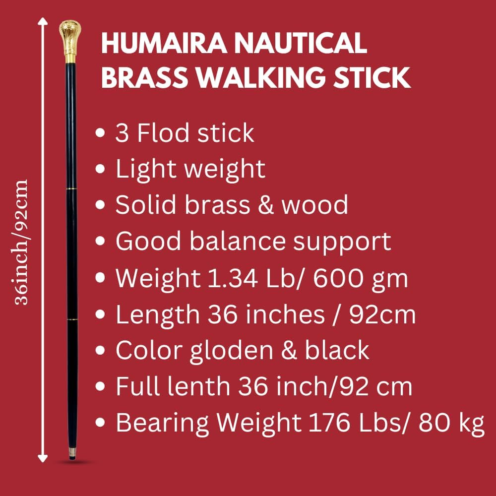 Humaira Nautical Handmade Brass Knob Walking Stick, Wooden Cane with Black Finish Gold Handle 37 Inch Cane for Men and Women image number 3