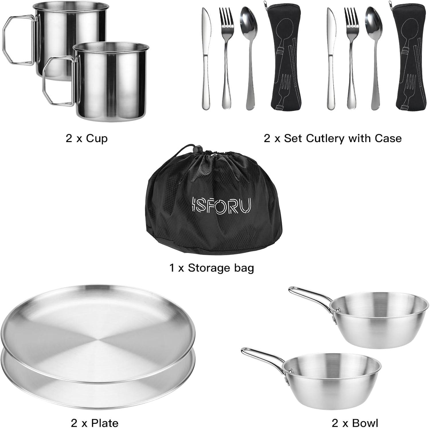 Camping Cutlery Set, ISFORU Stainless Steel Tableware Measuring Case Including Plate, Cup, Bowl, Cutlery with Mesh Bag, Tableware Utensil Set for Outdoor Camping, Hiking and Picnic image number 2