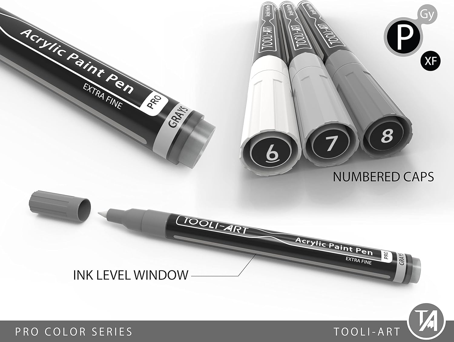 Acrylic Paint Pens 22 Assorted Gray Pro Color Series Markers Set 0.7Mm Extra Fine Tip for Rock Painting, Glass, Mugs, Wood, Metal, Canvas, DIY Projects, Outlining, Detailing. Non Toxic, Waterbased