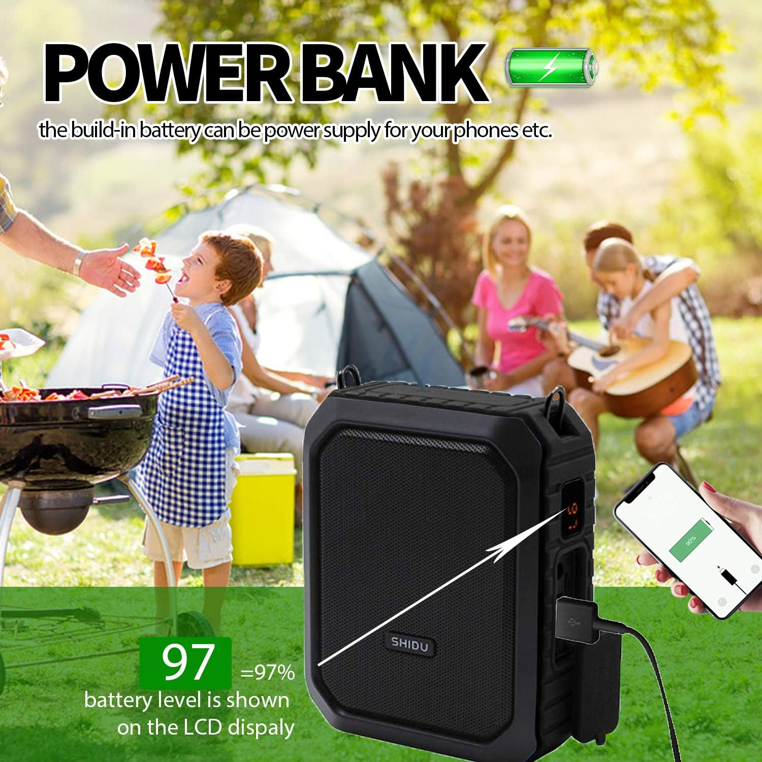 SHIDU Wireless Voice Amplifier Bluetooth Speaker 18W Waterproof Portable PA System with UHF Wireless Mic Headset Rechargeable Voice Enhancer Personal Microphone for Classroom Outdoors Tour Guide image number 3