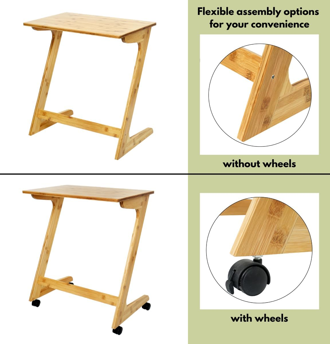 TV Tray Table, Side Table for Sofa, Couch, Bedside Table, End Table with or without Wheels, Rolling Table with Castors, Small Table for Living Room Furniture, Coffee Table, Bamboo (Z Shape) image number 4
