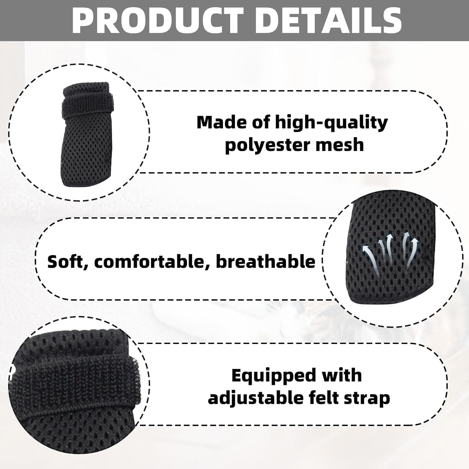Black anti Scratch Polyester Cat Shoes, 4Pcs Breathable Mesh Cats Foot Claw Protector Covers, Adjustable Mesh Cat Anti-Scratch Foot Covers Claw Protectors image number 6