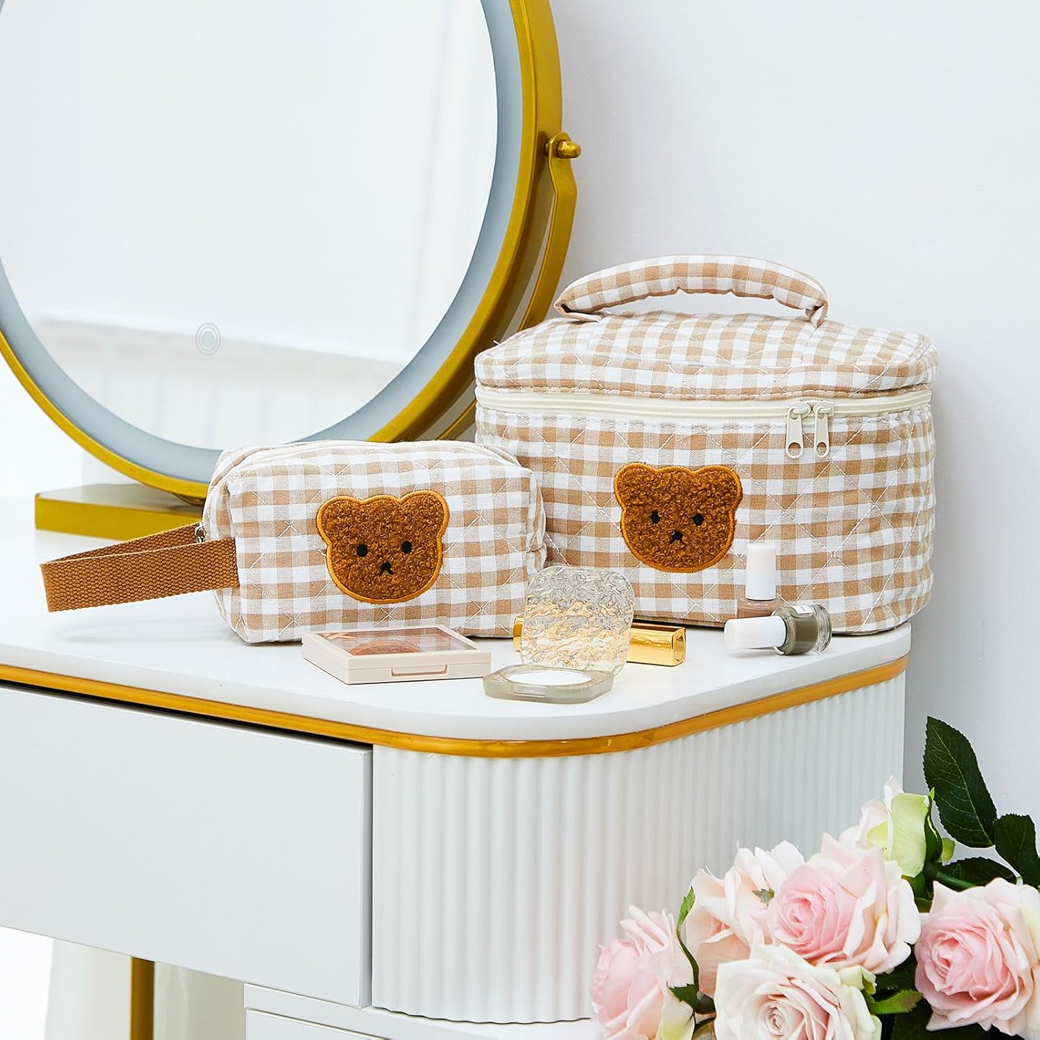 Zeyune 2 Pcs Cotton Quilted Makeup Bag, Large Travel Coquette Cosmetic Bag, Aesthetic Cute Floral Cherry Peony Toiletry Organizer Skincare Bag for Women Girls(Cute Bear Style), Brown