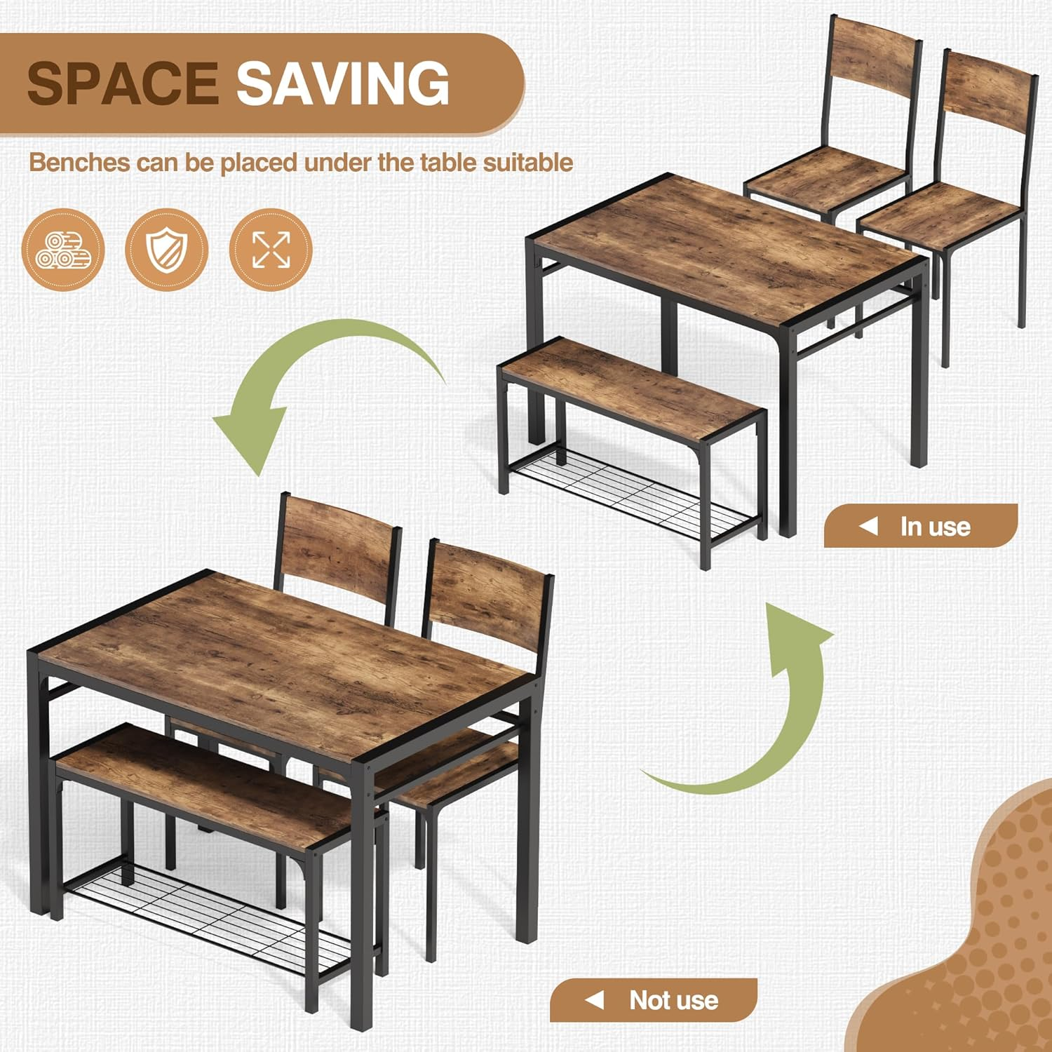 Furmax Dining Table Set for 4, Modern Kitchen Table Bench and Chairs Rectangular Dining Room Table Set with Storage Bench for Small Space, Apartment, Restaurant (Rustic Oak) image number 2