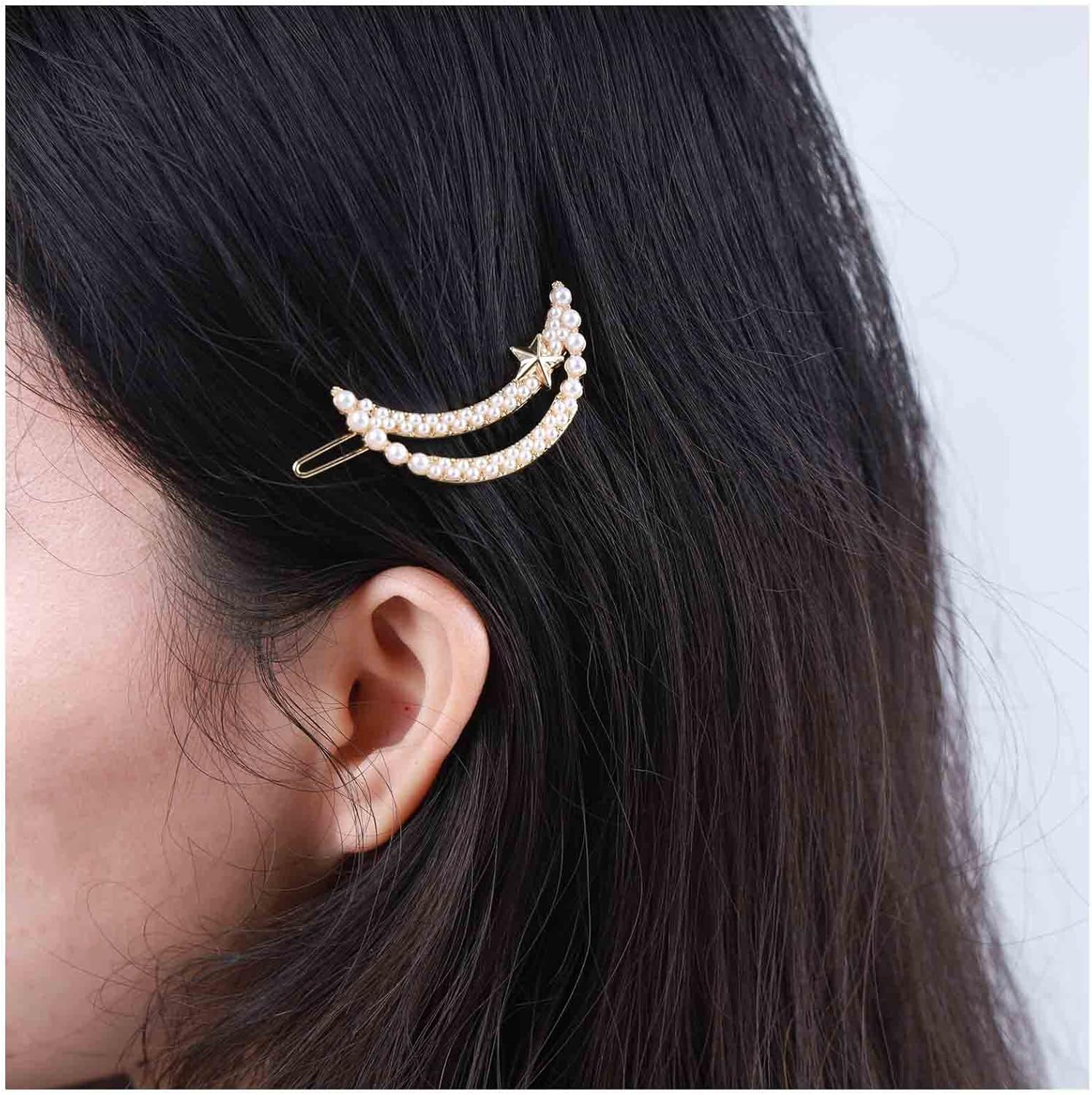 Andelaisi Boho Pearl Moon Hair Clip Vintage Hollow Crescent Moon Hair Barrette Clip Gold Pearl Hairpin Clip Minimalist Crescent Star Head Clip Accessories for Women and Girls Headdress image number 1