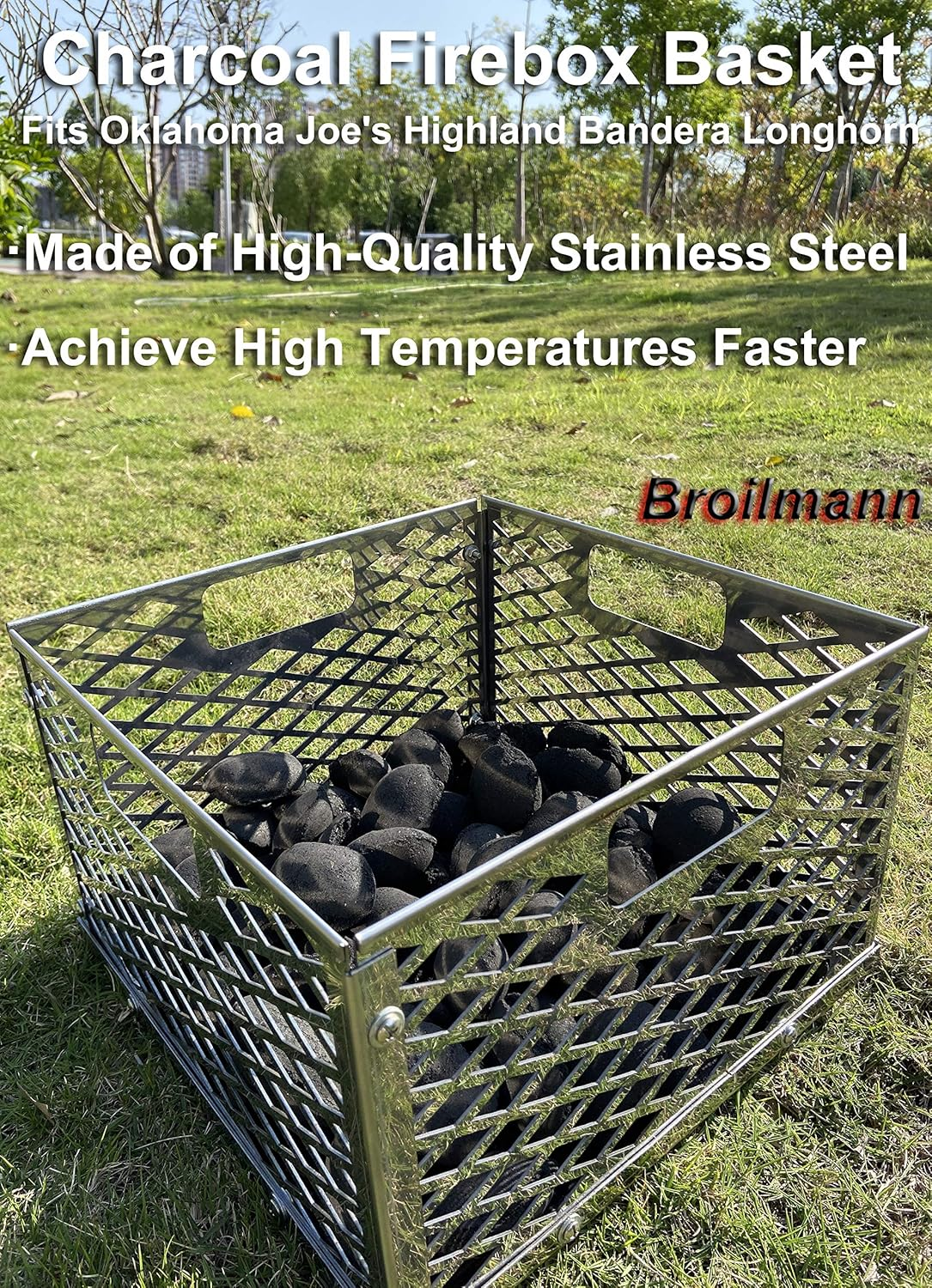 Broilmann Charcoal Firebox Basket for Oklahoma Joe'S Highland Bandera Longhorn. Fits Most Offset Smoker Grill, Stainless Steel, 12 X 12 X 7.5 Inches image number 3