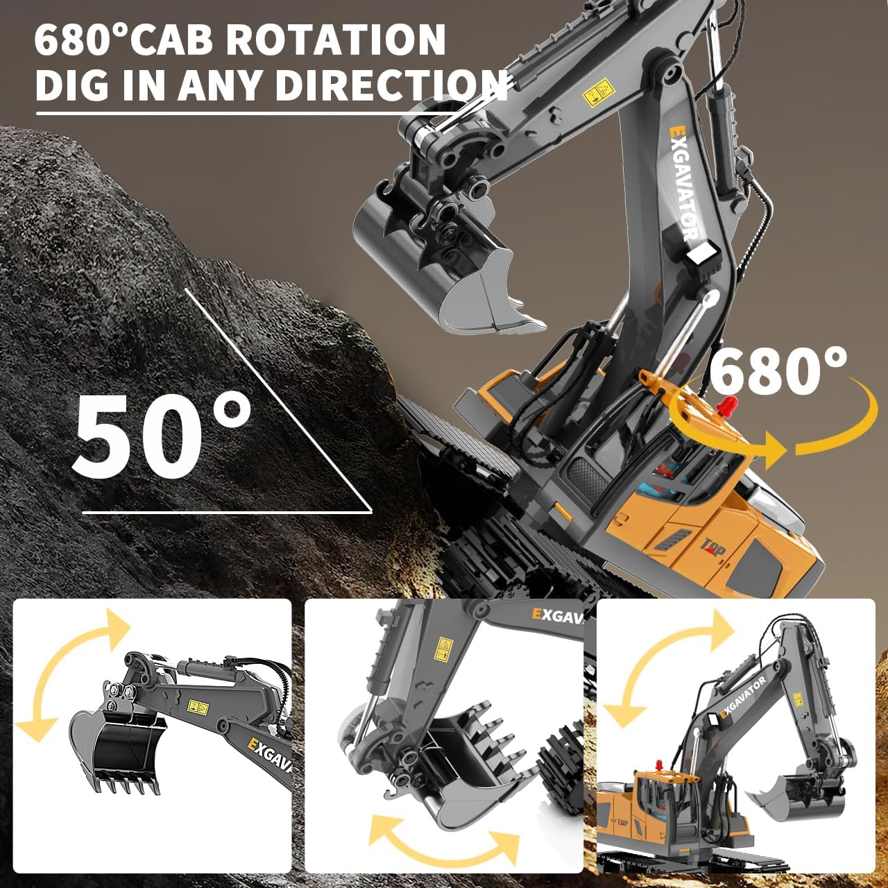 Remote Control Excavator RC Digger Toy for Boys, 11 Channel Hydraulic Turns 680 Degree, Construction Toys with Metal Shovel, Lights, Sounds, 2 Rechargeable Batteries, Yellow image number 1