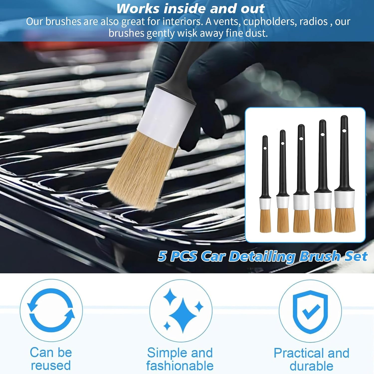 5 PCS Car Detailing Brush Set &ndash; Boar Hair Detailing Brushes for Wheels, Dashboard, Engine Bay, Air Vents, Grilles & Trim &ndash; Soft & Durable Auto Cleaning Brushes for Cars, Trucks & Motorcycle (White) image number 3