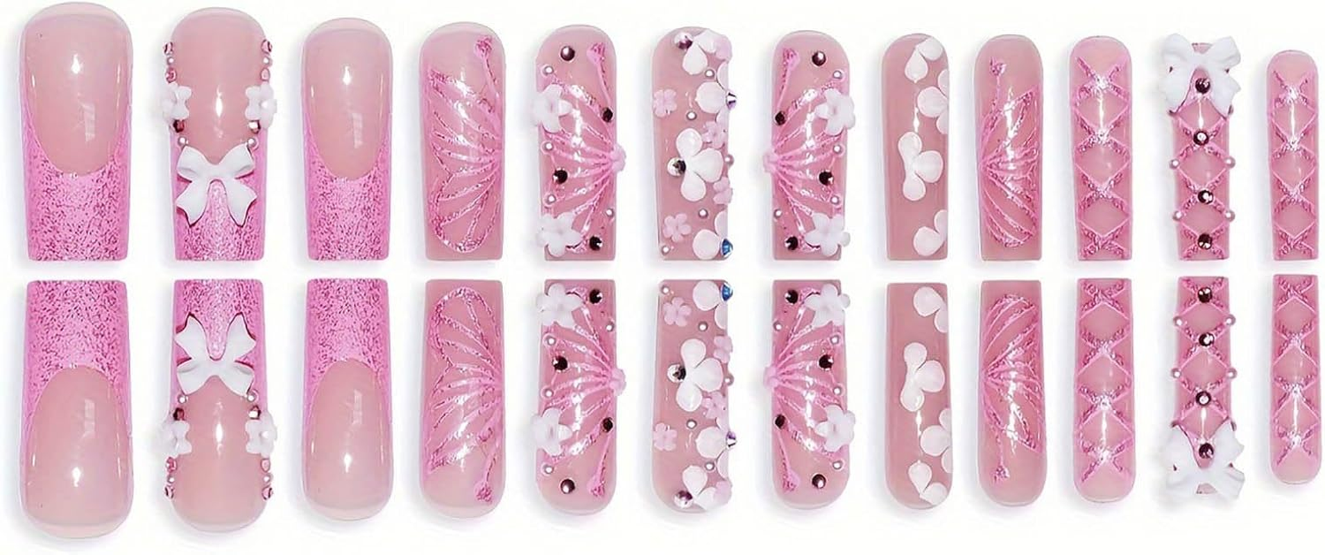 RUOKEXIN Square Long False Nails, Pink French Tip, Glitter, Butterfly Designs, Glue White Flowers, Artificial Cute Stick for Women, 24 Pieces image number 2