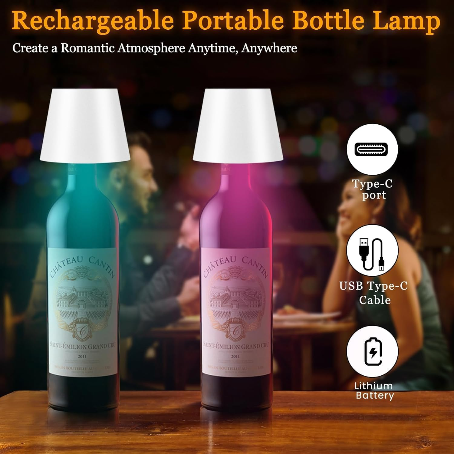 Wireless Bottle Lamp 2000Mah, RGB Mode & 3 Color Stepless Dimming Touch Table Lamp, Rechargeable Atmosphere Lamp for Bars, Cafes, Restaurants, Bedrooms, Outdoor Environments (White, 1Pcs) image number 6