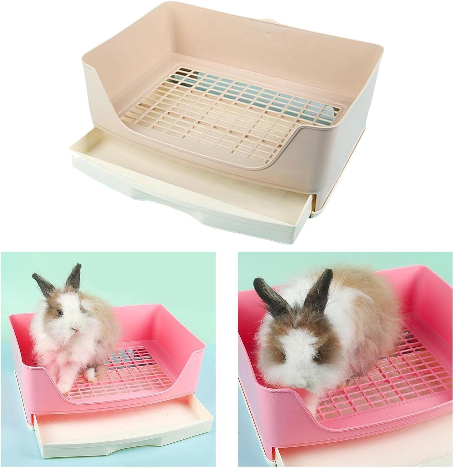 Flameer Large Rabbit Litter Box with Drawer, Corner Toilet Box and Bigger Pet Pan for Adult Guinea Pigs, Chinchilla, Ferret, Galesaur, Small Animals - Beige image number 1
