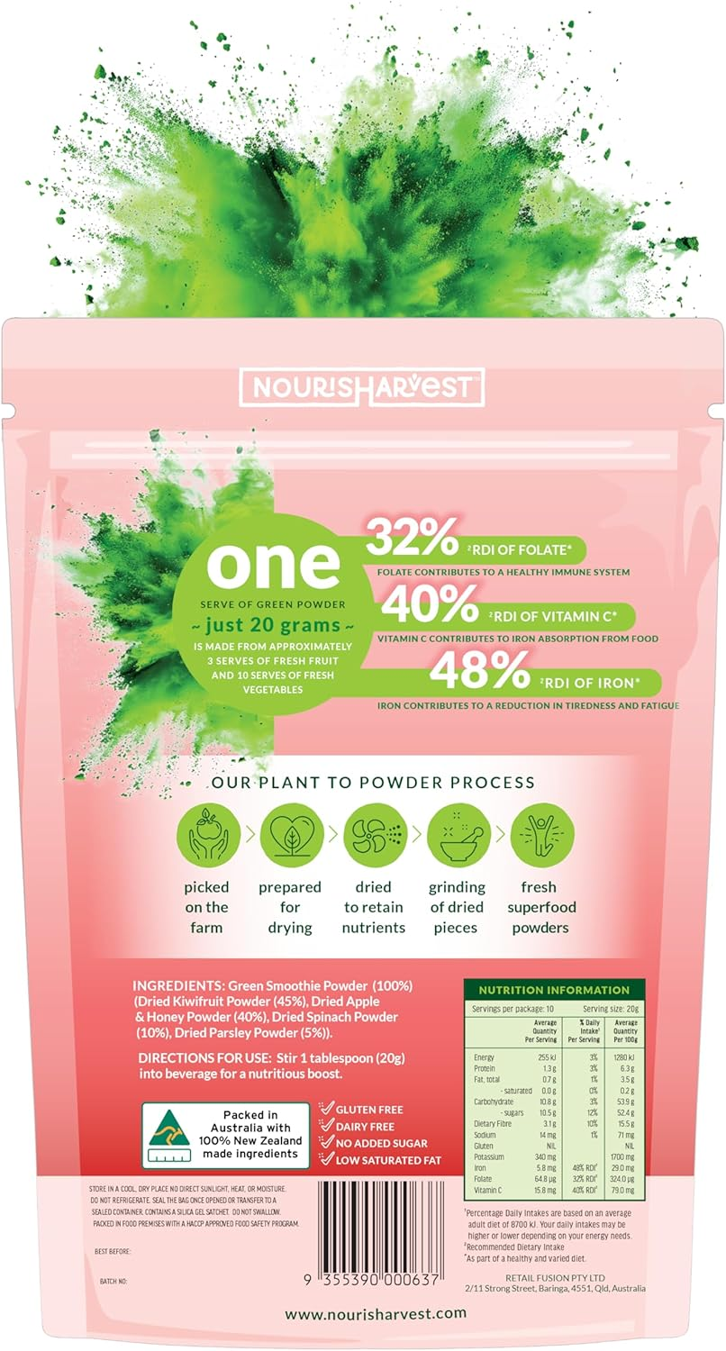 Green Smoothie Powder &ndash; 100% Natural Wholefood Blend with Apples, Kiwifruit, Spinach & Parsley &ndash; Vitamin C, Iron & Fiber &ndash; Nutrient-Dense Superfood Mix &ndash; Vegan, Gluten-Free, Energy & Immune Boost &ndash; 200 Grams image number 3