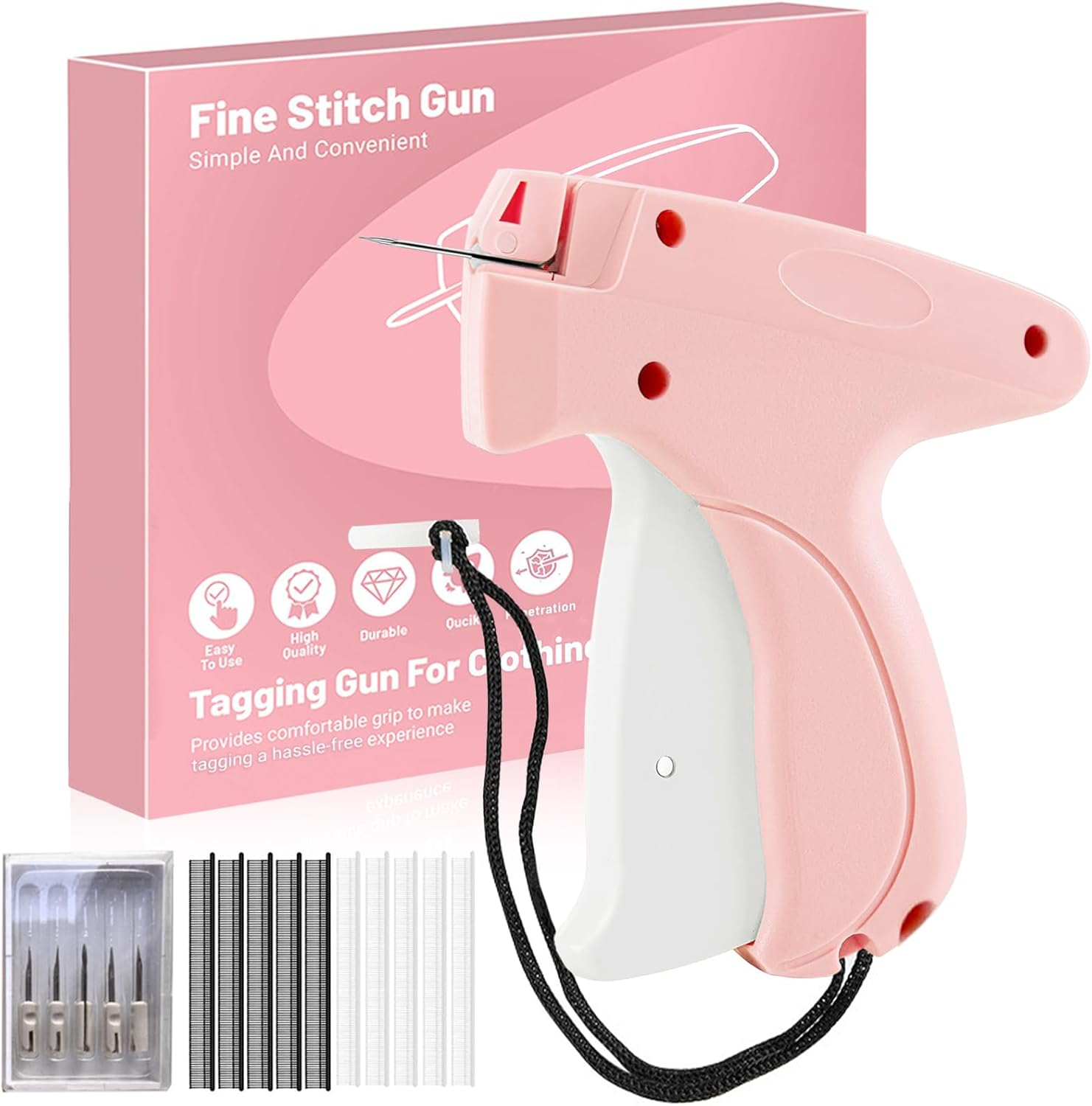 Tagging Gun Kit, Handheld Stitch Fine Stitch Tool Gun Quick Clothing Fixer, Mini Stitch Mending Quilting Gun for Clothes, Includes 5 Replacement Needle, 1500 White & 1500 Black Micro Fasteners (Pink) image number 1