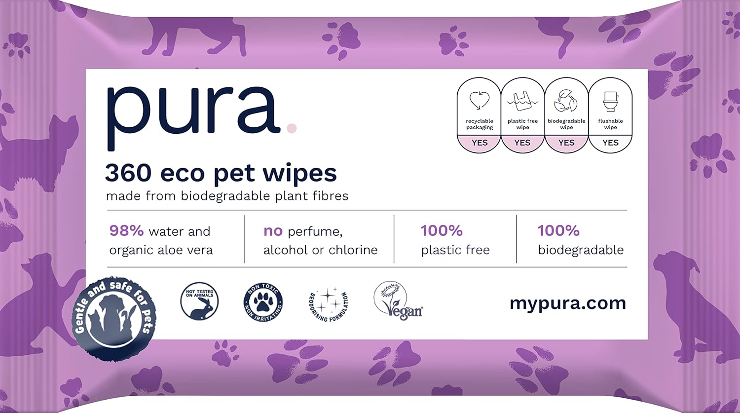 Pura Eco Pet Wipes for Dogs, Cats & Rabbits. 100% Plastic Free, 100% Biodegradable, Vegan. Great for Muddy Paws, Coats, Bottoms, Grooming & Cleaning Bulk Pack of 360 Wipes image number 3