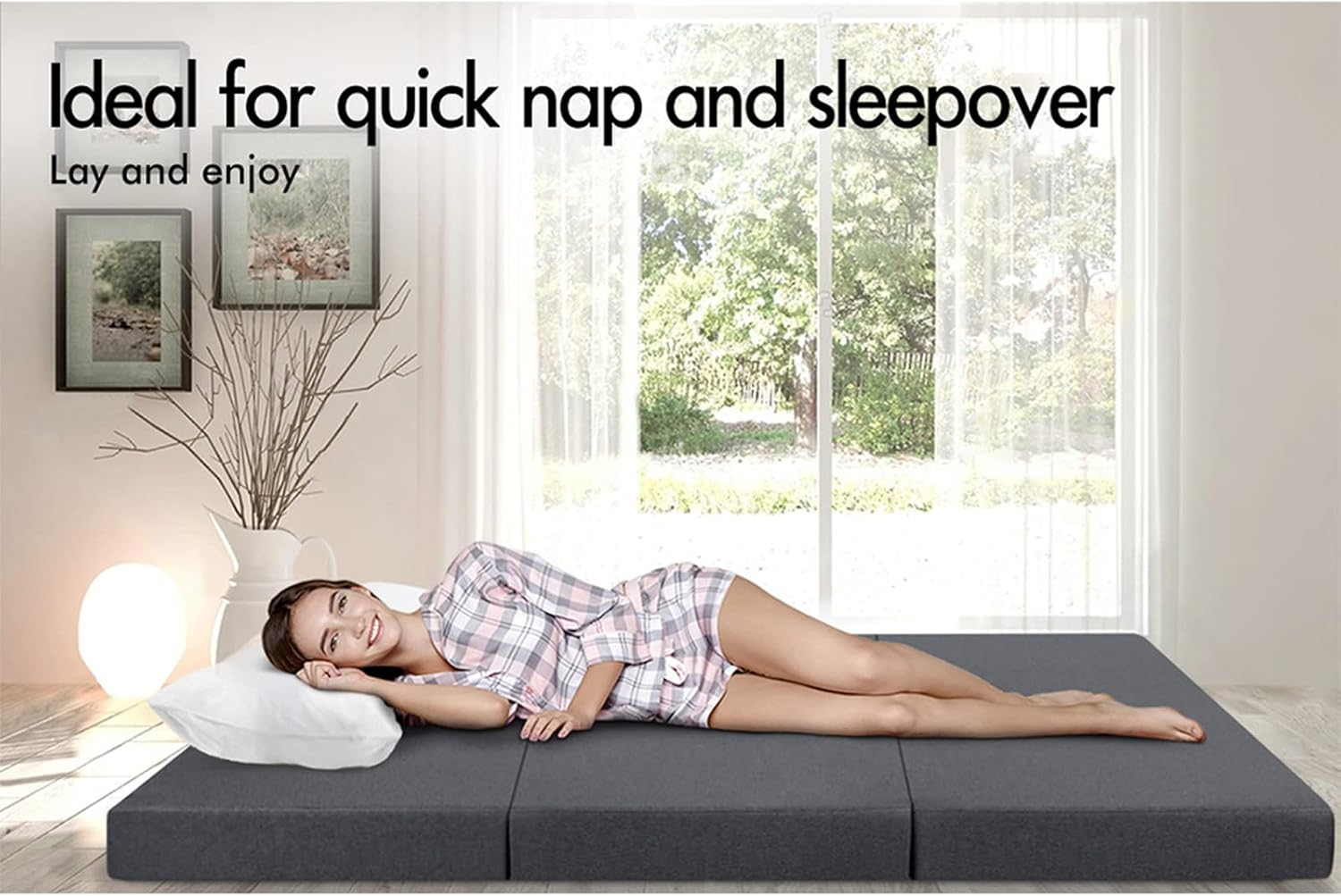 STARRY EUCALYPT Light Grey Folding Floable Mattress Mat Pad 190 X 130 X 10Cm Portable Mattress Floor Bed in Bamboo White for Home Office Camping and Travel Use Tri-Fold Sofa Lounge image number 6