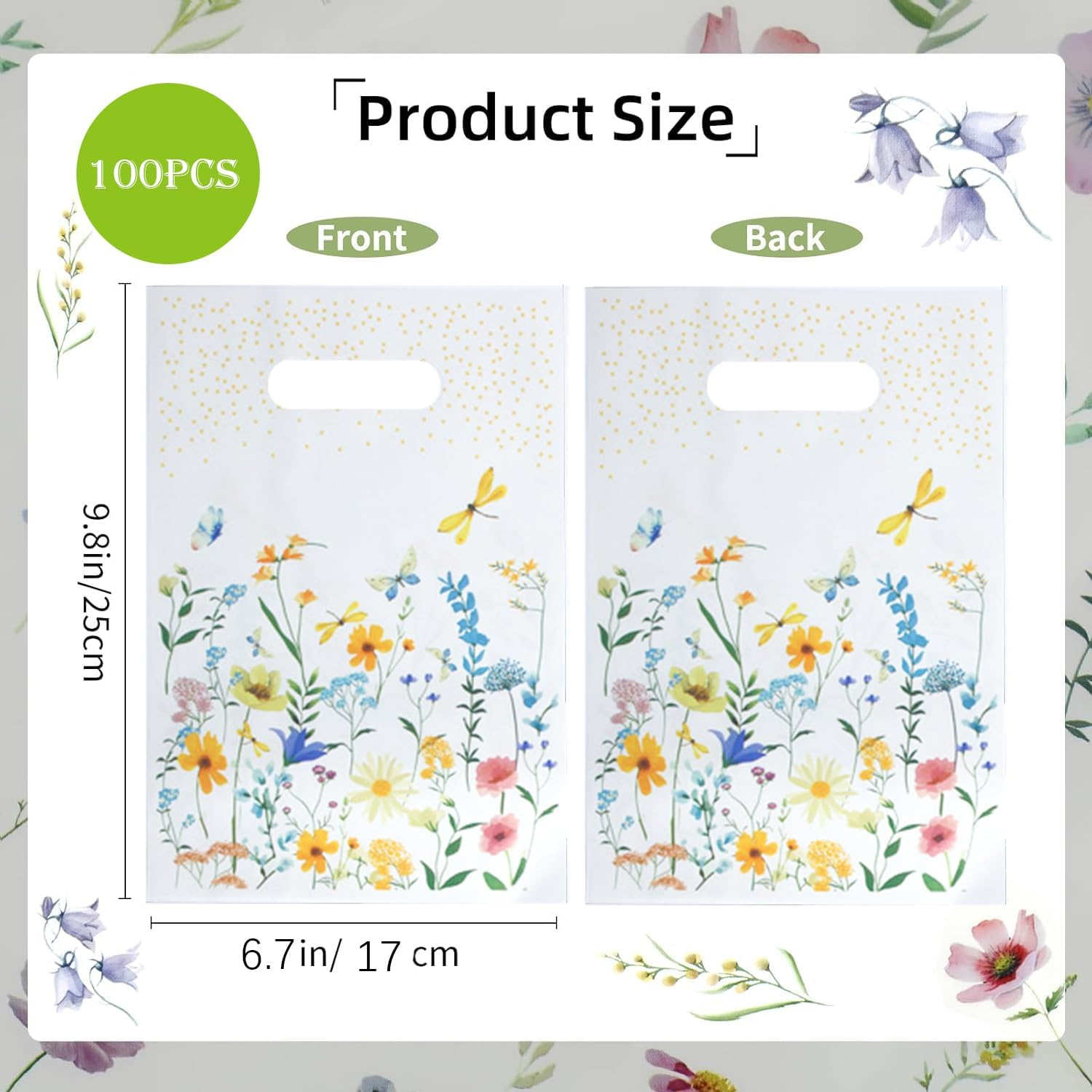 YJSPARKK 100 PCS Party Favor Bags,Goodie Candy Bags with Handles,Flower Pattern Plastic Small Gift Bag Bulk for Birthday,Baby Shower, Wedding, Thanksgiving,Christmas, New Years image number 2