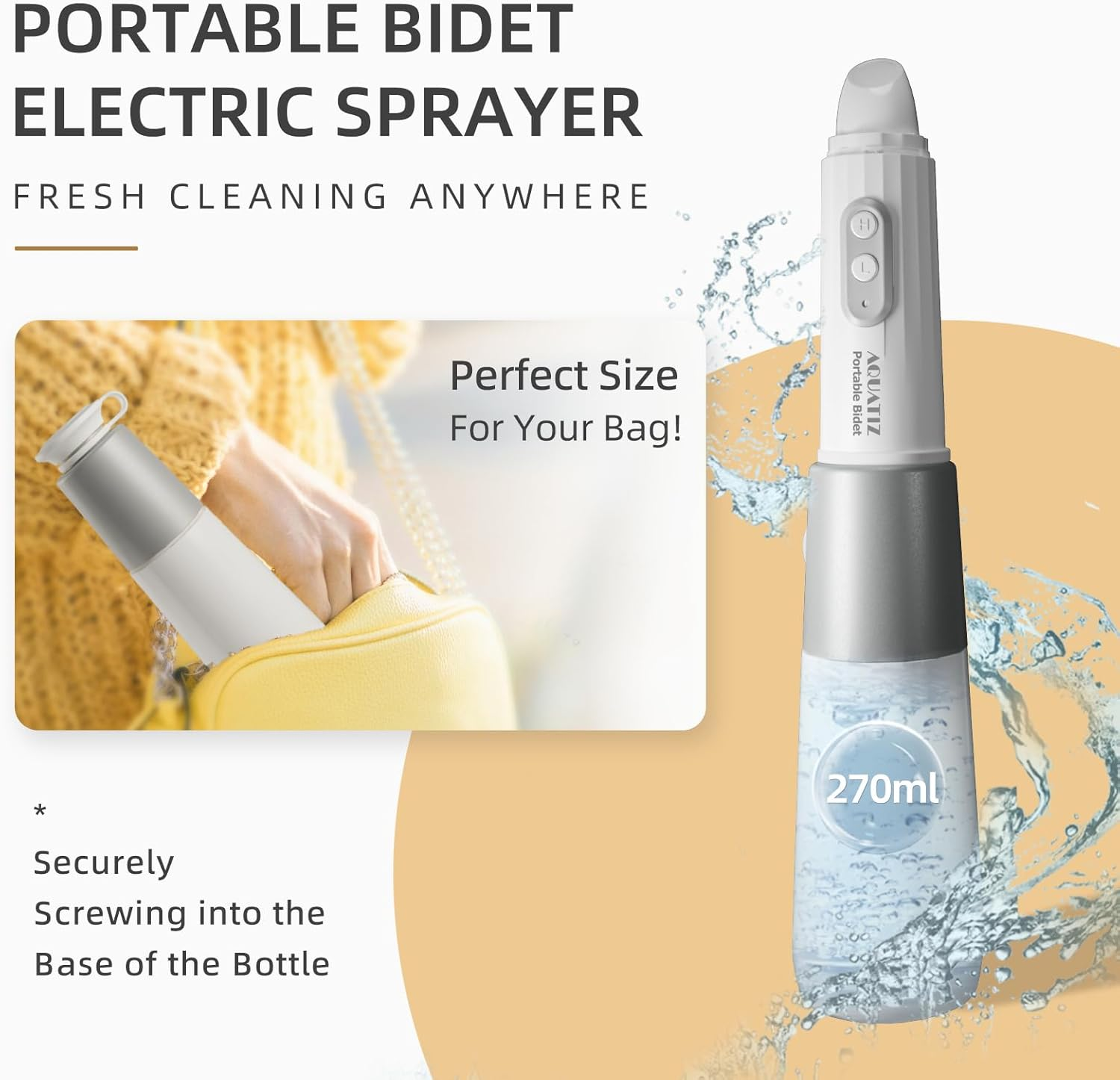 Aquatiz Portable Bidet for Traval, Electric Rechargeable Handheld Travel Bidet, High Pressure Portable Hygiene Sprayer for Men, Women, and Postpartum Care, Travel Essentials image number 1