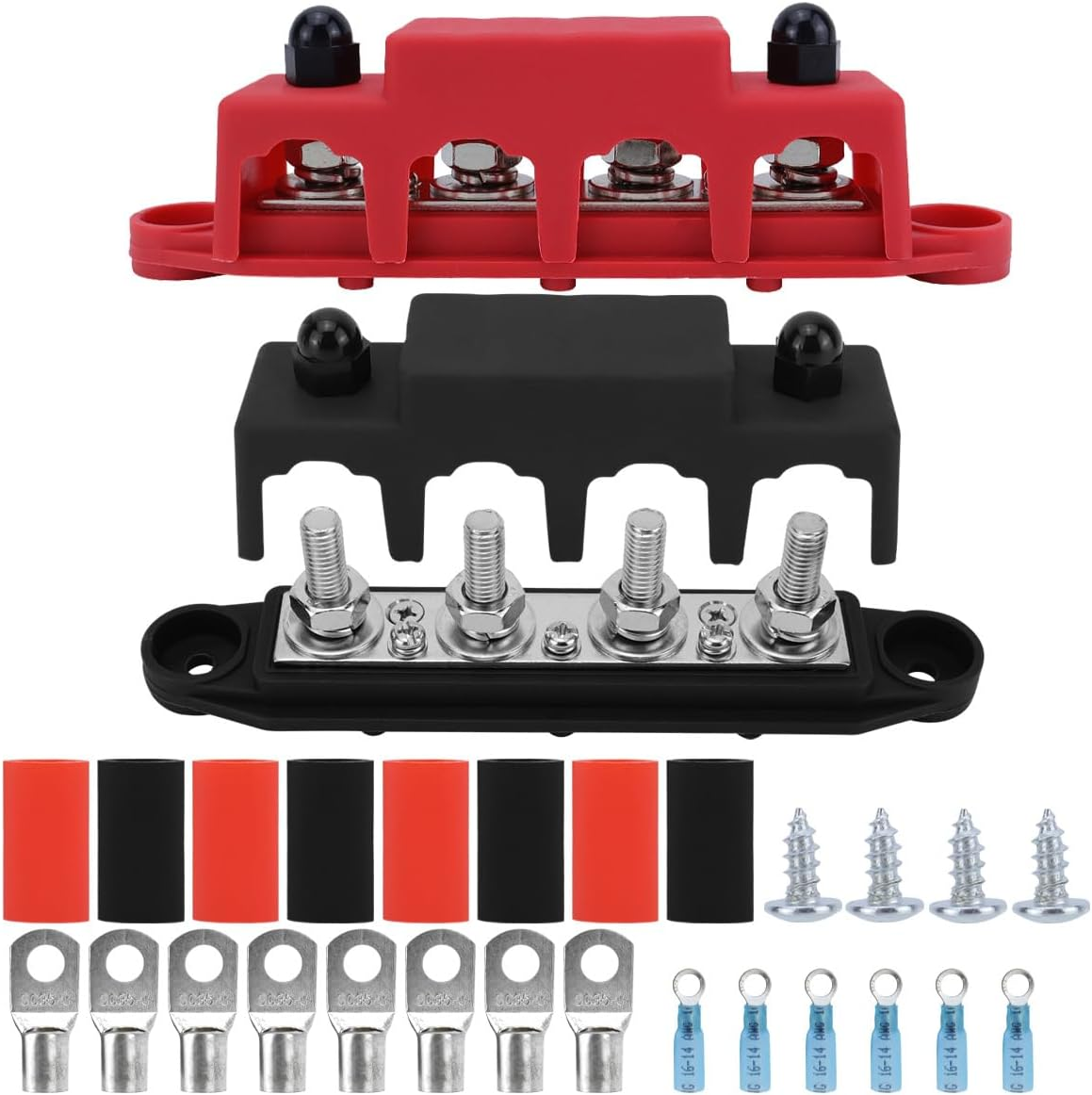 Bus Bar 12V Power Distribution Block 250A Bus Bar with 4 X 5/16" (8M) Studs Marine Battery Busbars Terminal Ground Distribution Block with Cover for Automotive, Boat, Car, Solar Wiring (Pair) image number 1