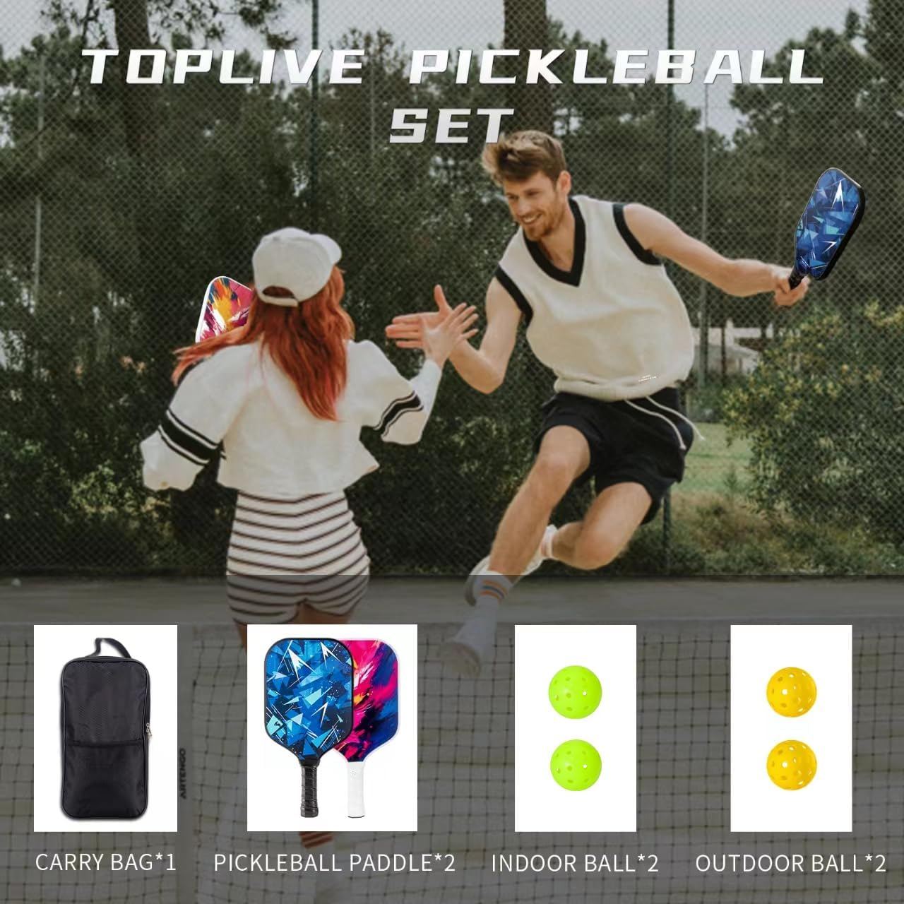 Toplive Pickleball Paddle Set of 2 - Lightweight Fiberglass Pickleball Rackets with Ergonomic Grip, Indoor & Outdoor Balls, and Carry Bag &ndash; Durable & Beginner Friendly