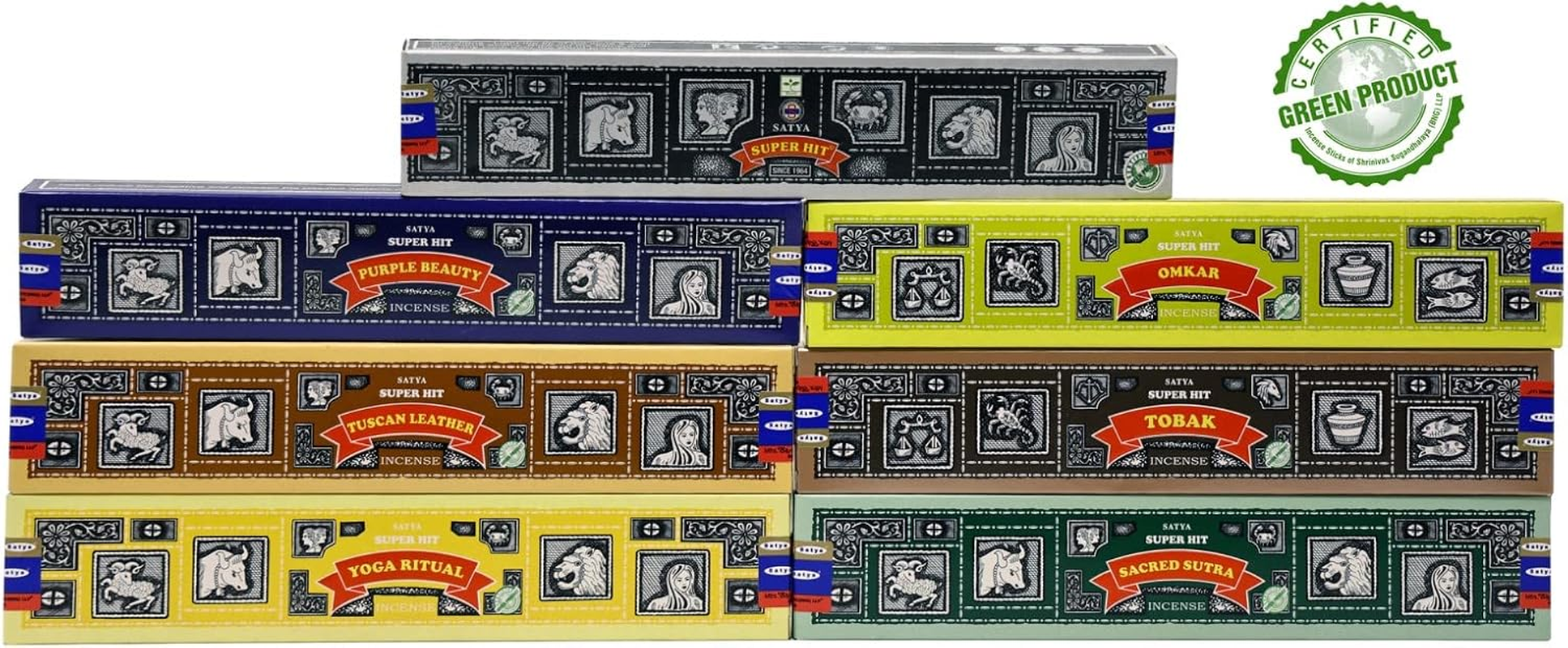 EARTH Satya Super Hit Incense Sticks Set of 7- Super Hit, Omkar, Purple Beauty, Yoga Ritual, Tobak, Sacred Sutra, Tuskann Leather 15 GMS (Green Certified), Hand Rolled Incense Sticks image number 3