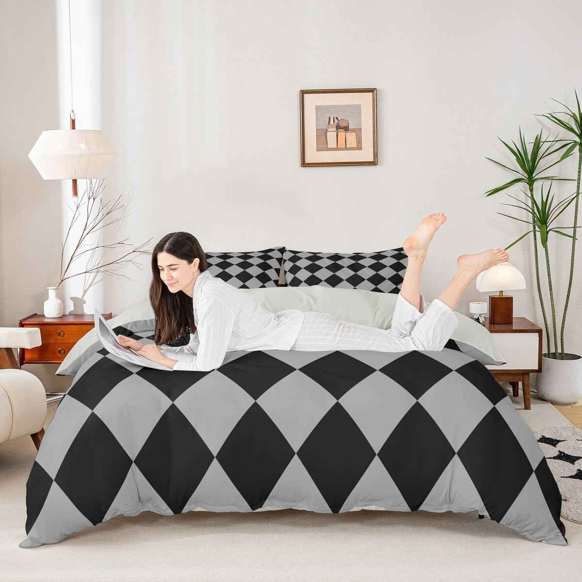 Homemissing Grey and Black Checkered Duvet Cover Set Single Size for Kids Boys Girls Diamond Grid Bedding Set Groovy Geometric Duvet Cover with 1 Pillowcase Neutral Aesthetic Plaid Bedding image number 3
