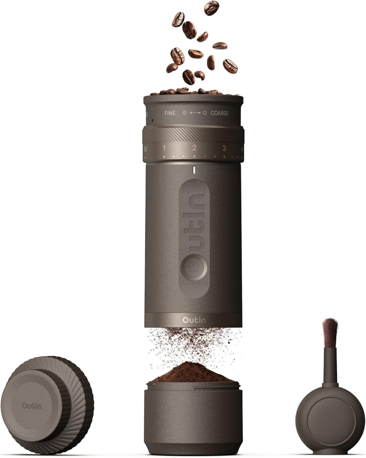 Outin Fino Portable Electric Coffee Grinder,Adjustable Coffee Bean Grinder with 28 Precise Grind Setting,One-Button Burr Coffee Grinder with Fast‑Charge Battery, Auto‑Stop & Clog‑Protection,Brown