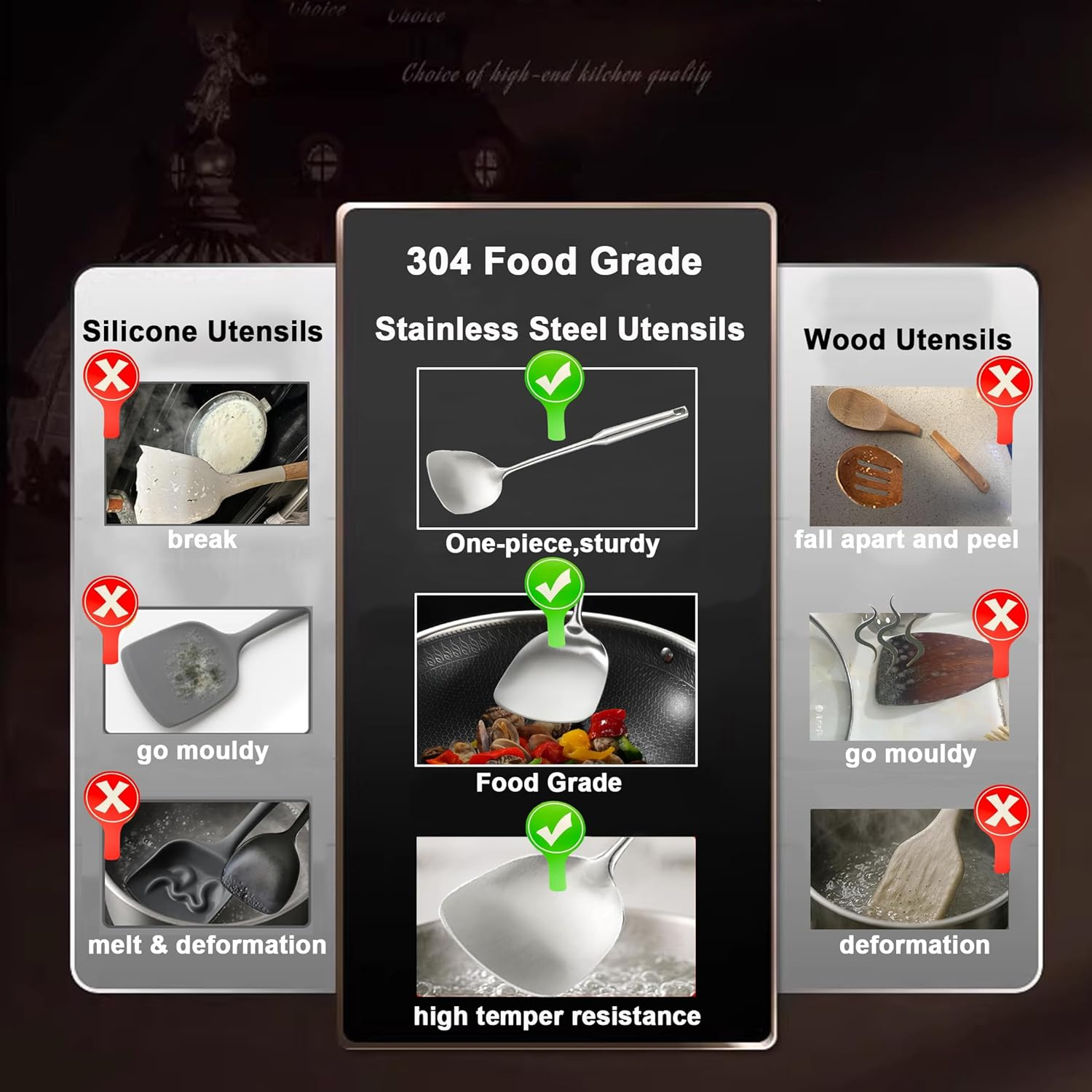 Kitchen Utensils Set Stainless Steel, 6 Pcs Professional All Metal Cooking Utensils Set, Wok Spatula, Ladle, Skimmer, Slotted Spatula Tunner, Spaghetti Spoon, Large Spoon - Brushed image number 1