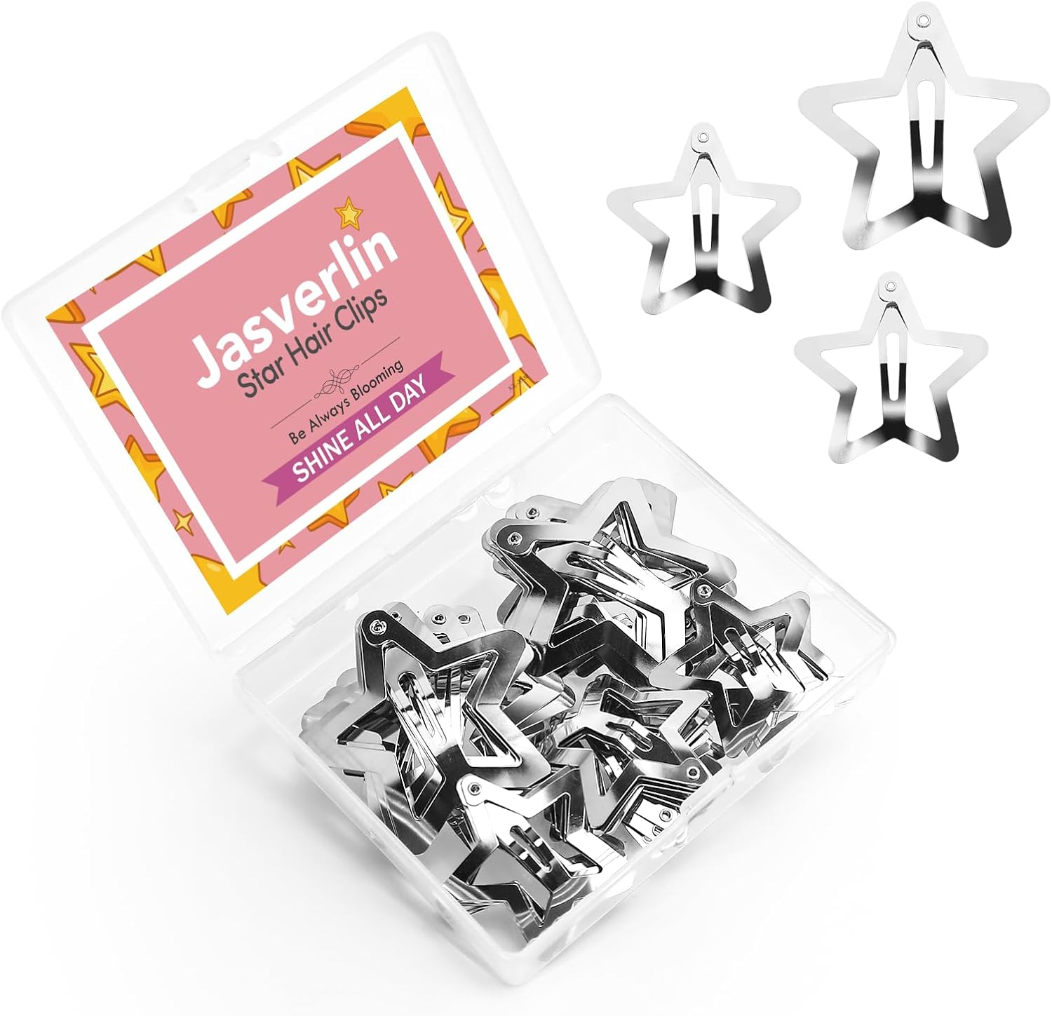 JASVERLIN 50 Pcs Metal Star Hair Clips Silver, Rave Y2K Accessories for Women Girls Teens, Small Cute Fashion Kawaii Snap Hair Pin Barrettes for Festival Concert 1.22" and 1.61" image number 4