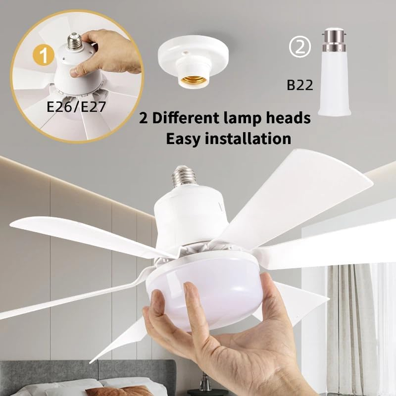 Socket Fan Ceiling Light with Light and Remote, E26/E27/B22 Plug in Bulb for Bedroom, Kitchen, Living Room, Workshop-3 Color Temperatures, 3 Fan Speeds,2000 Lumens,(Batteries Not Included) image number 5