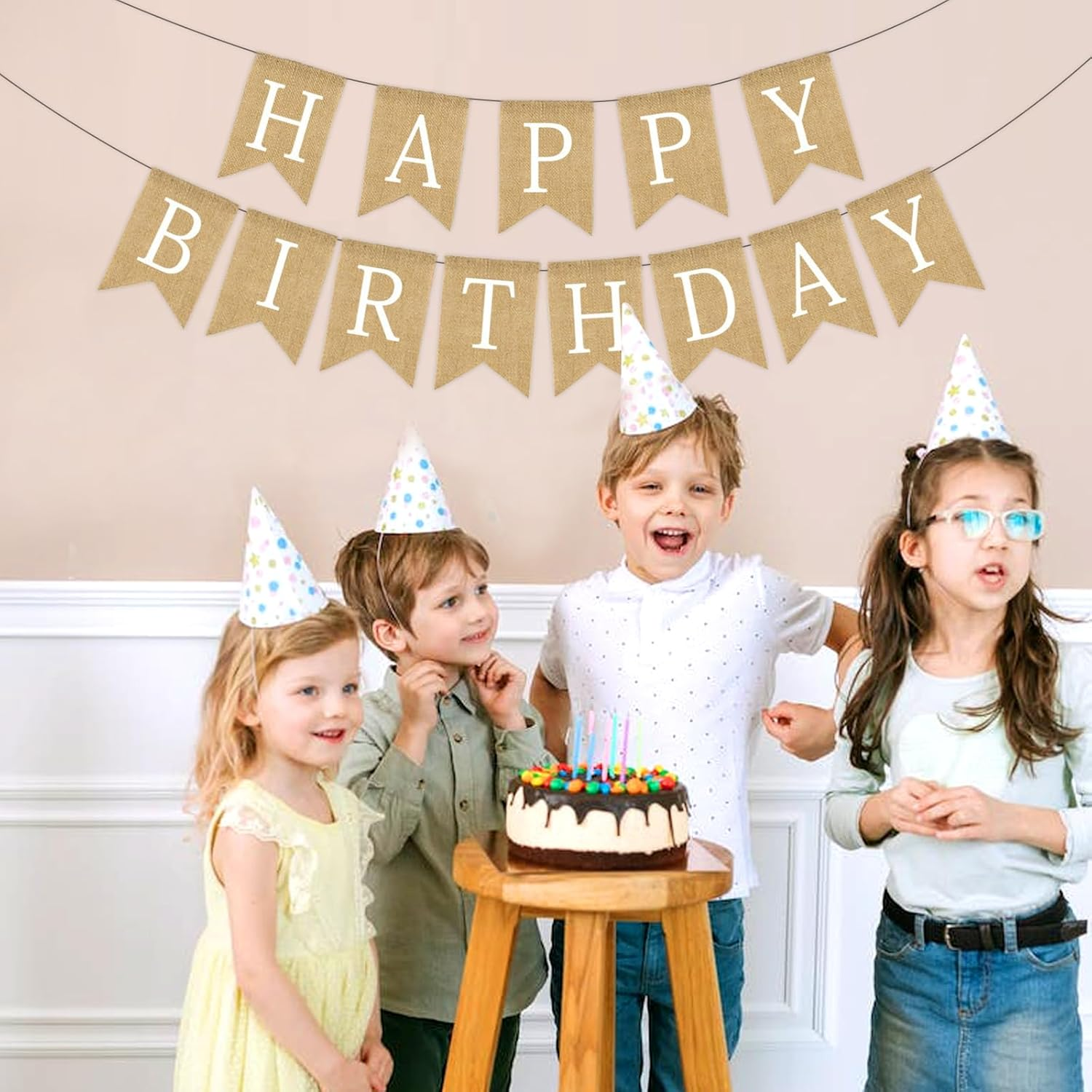 Chris.W Happy Birthday Banner, NO DIY Rustic Burlap Happy Birthday Sign with White Letters, Pre-Strung Bday Hanging Decoration for Women Men Girl Boy Birth Day Backdrop Party Supplies image number 4