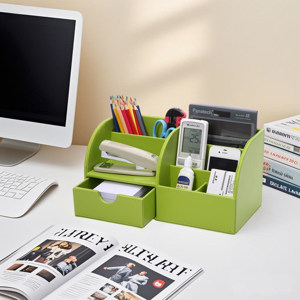 KINGFOM Pu Leather Desk Organizer Pen Pencil Holder Office Supplies Caddy Storage Box 6 Compartments with Drawer Green image number 4