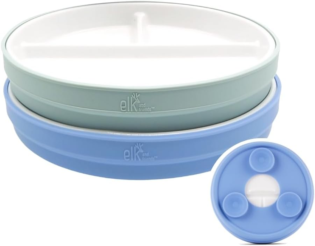 Elk and Friends Kids 6.7&rdquo; Porcelain White Divided Plates with Silicone Suction Sleeves | Suitable for Babies/Toddlers | Microwave & Dishwasher Safe | Stay Put Dinnerware | Snack Dishes | 2 Pack