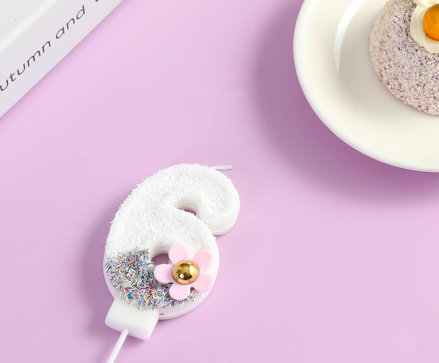 6 Birthday Candle with 3D Pink Daisy, Silver and White Color-Blocked Sequins Number 6 Candle for Birthday Cake Girl Kids Happy 6Th Birthday or Anniversary Party Cake Decorations image number 4