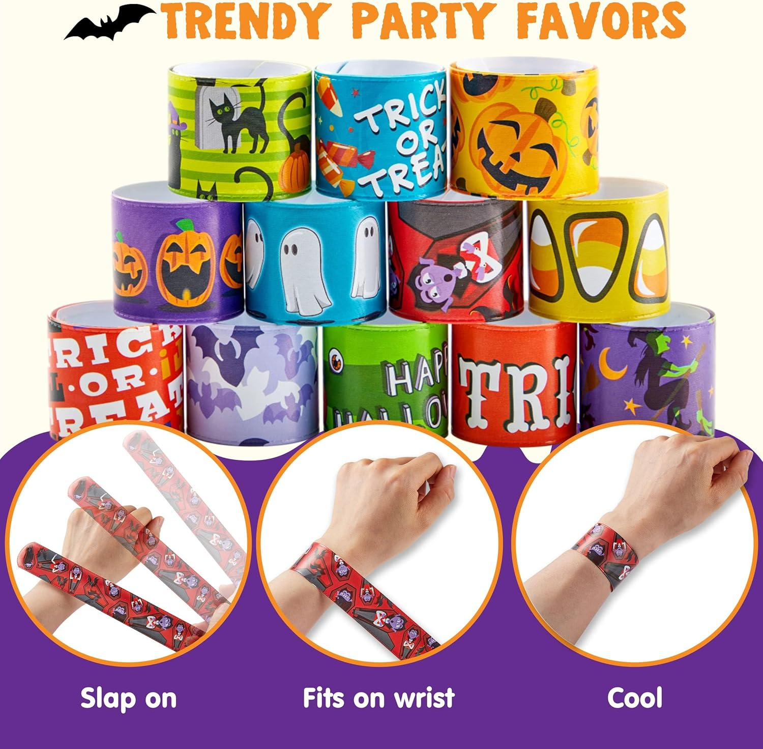 JOYIN 72 PCS Halloween Slap Bracelets for Kids, Party Bulk for Girls Boys Gifts, Friendship Snap Bracelet for Halloween Party Favors Goodie Bag Fillers, Classroom Favors image number 2