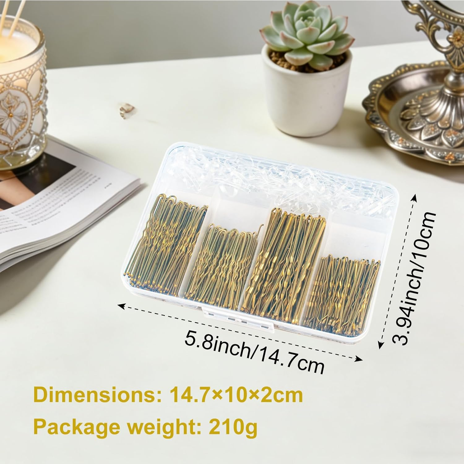 Pack of 200 Hair Pins, Bobby Pins, Gold, Hair Clips, Hair Pins for Women, Ladies, Girls, Hair Accessories, Bun Pins, for Hair Accessories, with 100 Pieces Invisible Clear Hair Bands (Gold) image number 5