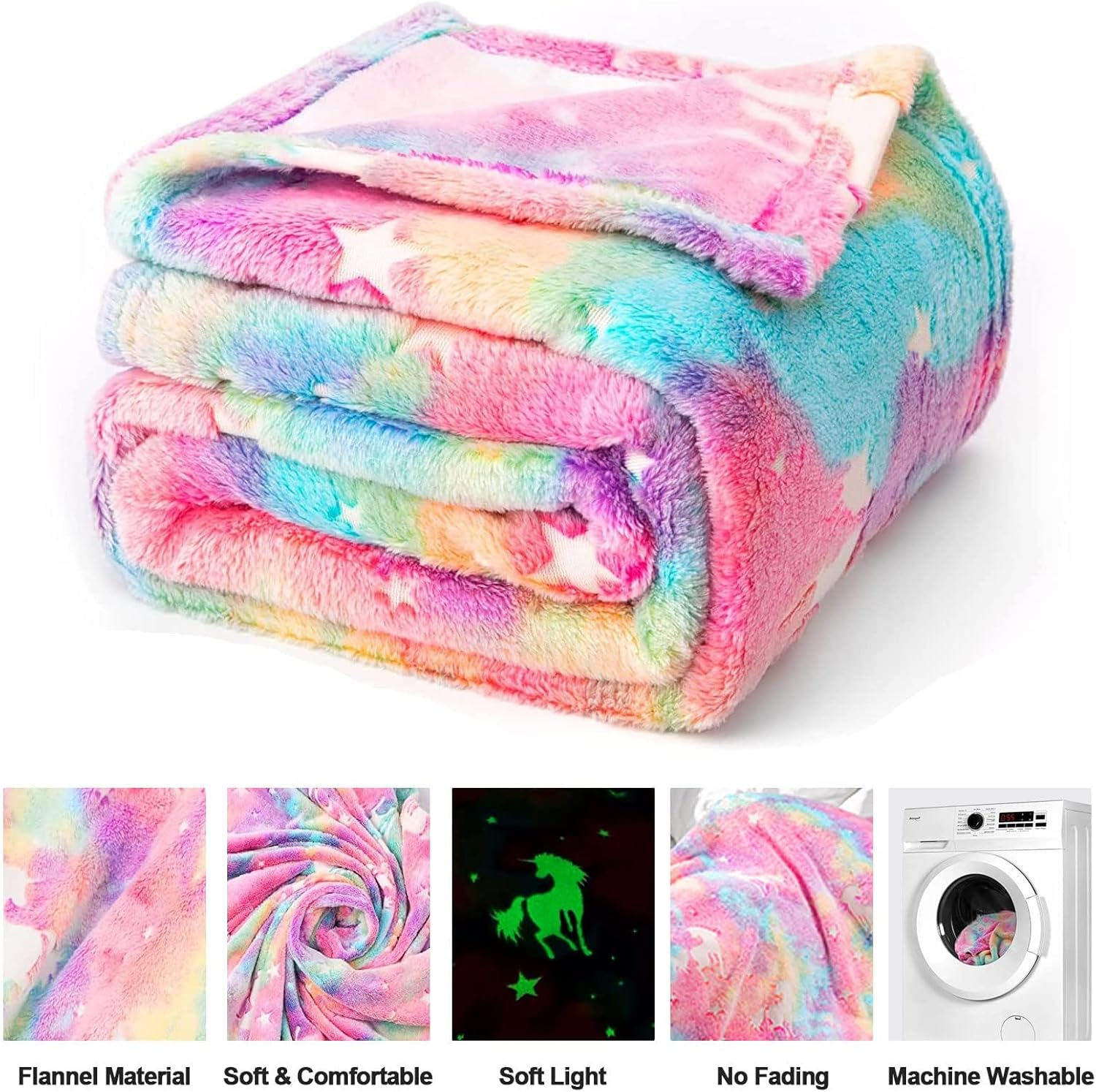 Unicorn Glow in the Dark Blanket, Flannel Cozy Glowing Blanket Throw Blanket for Couch, Personalized Blanket Soft Blanket Fluffy Rainbow Blanket for Girls Children Toddlers Travel Car, 40"X60"(Pink) image number 3