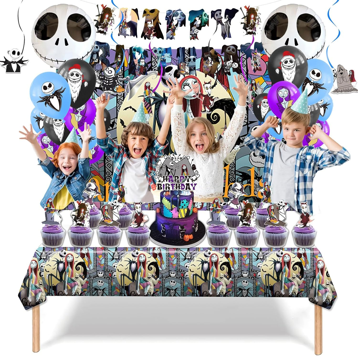 Birthday Decorations, Nightmare Christmas Party Supplies Halloween Birthday Party Decorations Set Includes Banner Balloons Tablecloth Backdrop Hanging Swirls Cake Toppers (42PCS) image number 4