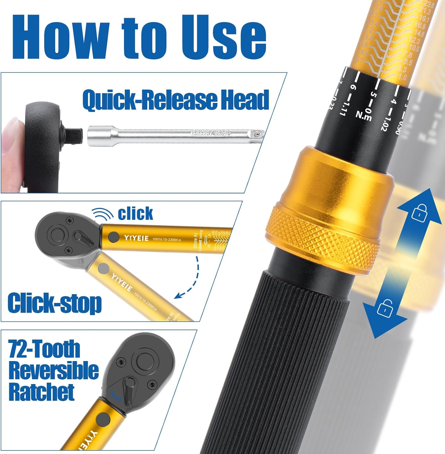 YIYEIE 50Pcs Master Bike Torque Wrench Set, 1/4 Inch Drive, 10-220 IN.LB (1-24.9 Nm), Inch Pound Click Torque Wrench with Bit Sockets, 0.1 Nm Micro, 3/8 Adapter, Pro Bicycle Tool Kit for MTB image number 2