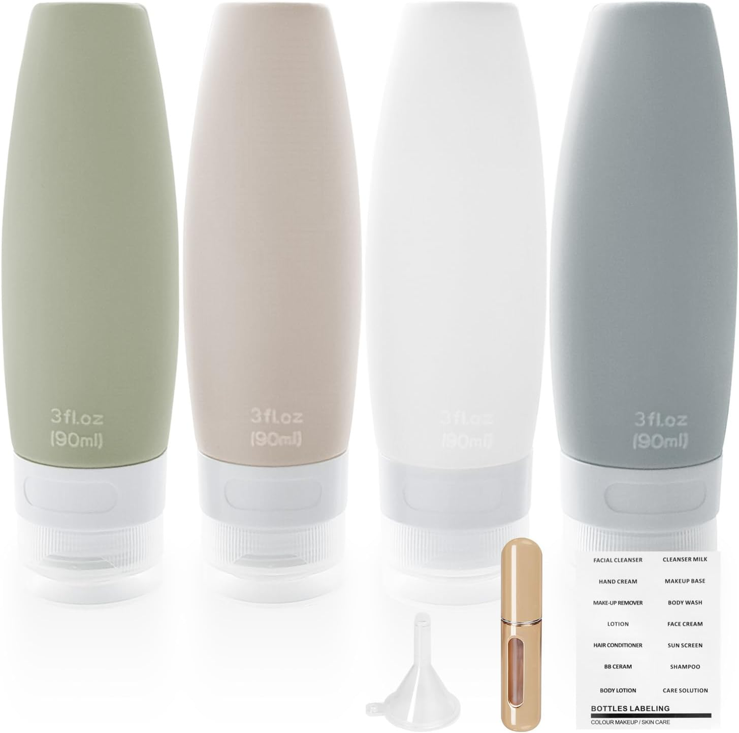 BREENHILL Silicone Travel Bottles Set for Toiletries,4 Pcs 90Ml Refillable Cosmetic Container Kits 1Pcs Refill Perfume Bottle Leakproof Travel Toiletries Bottles for Shampoo, Travel Accessories