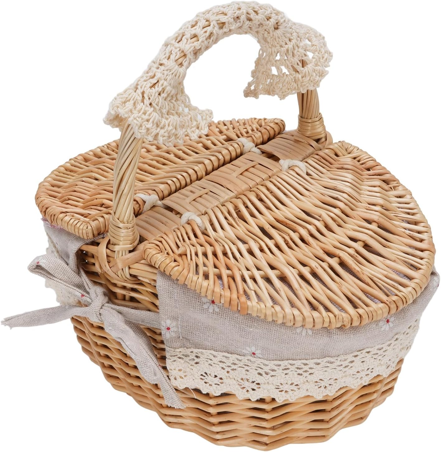 Wicker Picnic Basket with Removable Liner, Empty Picnic Hamper with Lid and Handle for Outdoor Camping, Wicker & Linen Cotton, 25.5X18X25Cm (Daisy)