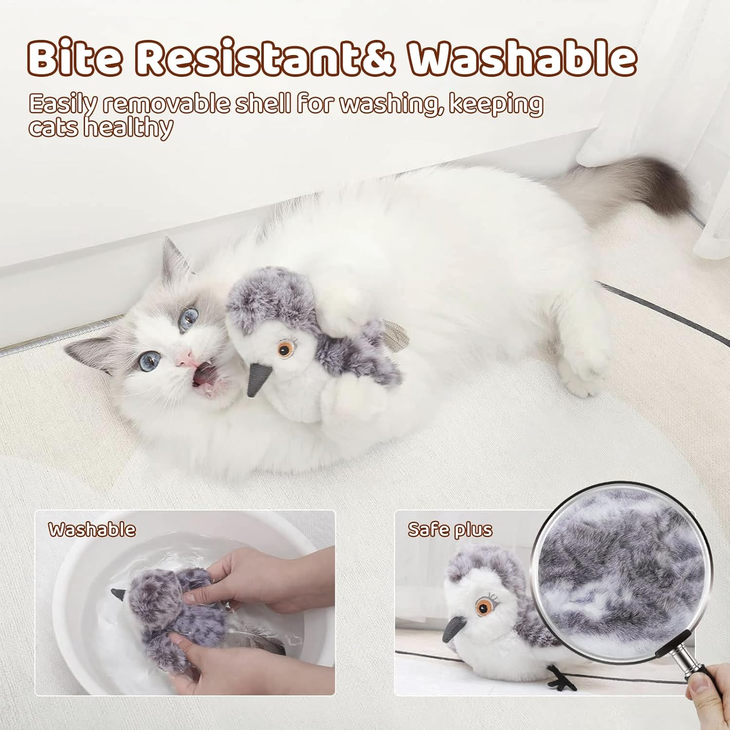 JORAGO Cat Toys - Cats Toy for Indoor Interactive, Flapping Bird, Lifelike Sandpiper Chirp Tweet, Touch Activated, Rechargeable Exercise Chasing Kitten Toy for All Breeds Cat Kicker Catnip Toys image number 4