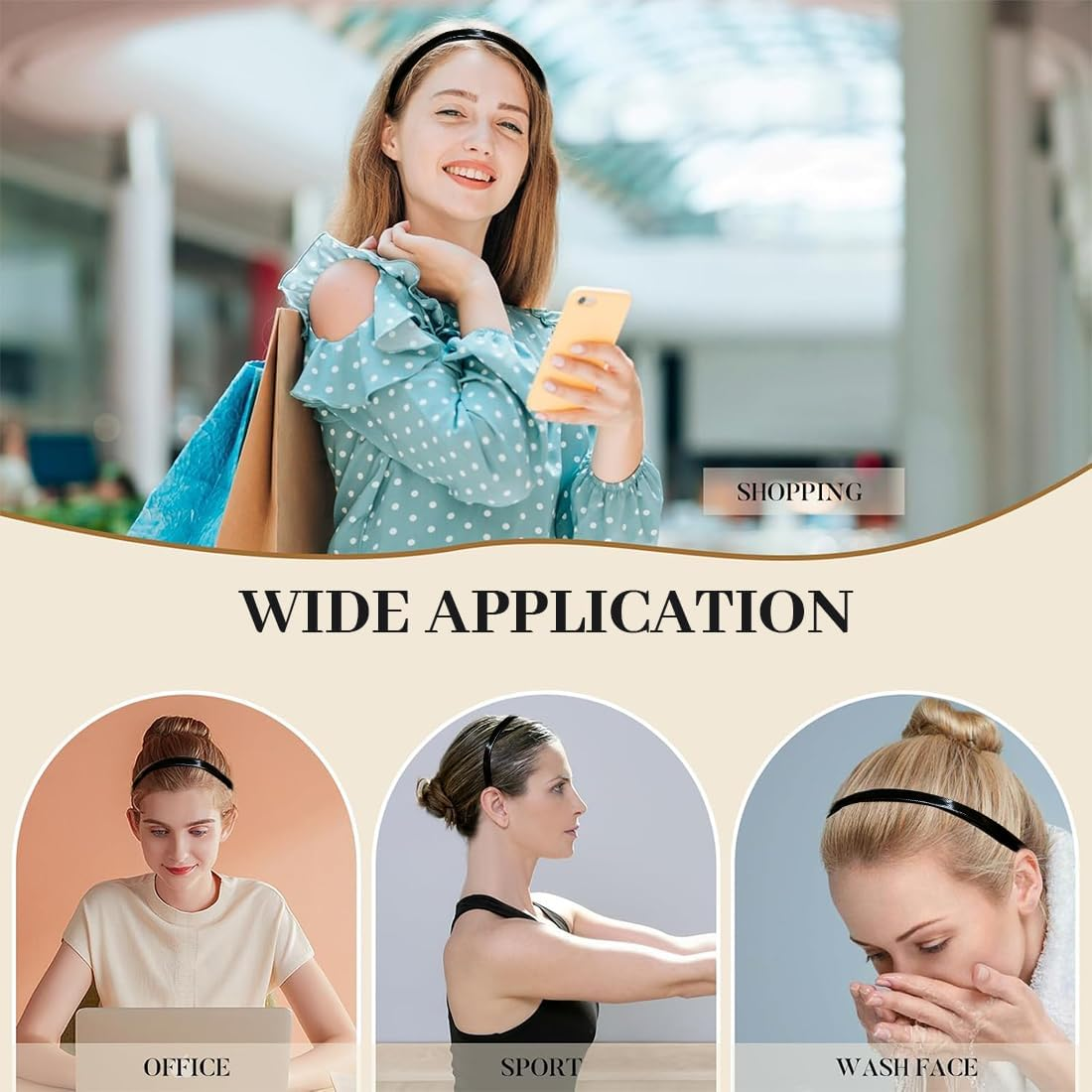 Pack of 6 Hair Bands, Black Plastic Headbands, Non-Slip Headband with Non-Slip Teeth for Men and Women, Plain Headbands image number 3