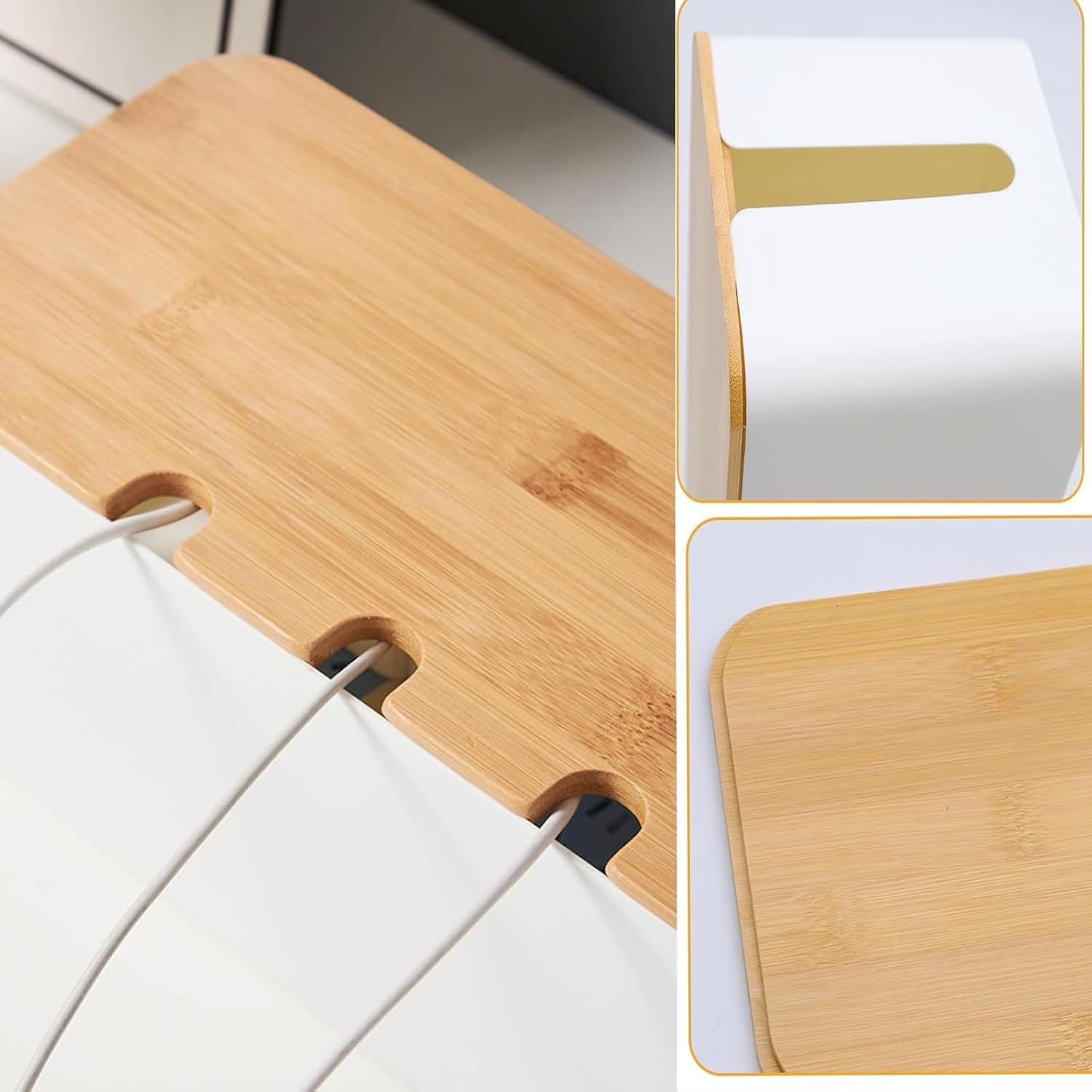 Cable Management Box - 3Pack Medium & Large Cord Organizer for Desk & Floor, Cable Organizer Box for Child & Pet - Cable Box Hider for Tidy Office & Home (Bamboo Print Lid, White Box, Pack of 3) image number 1