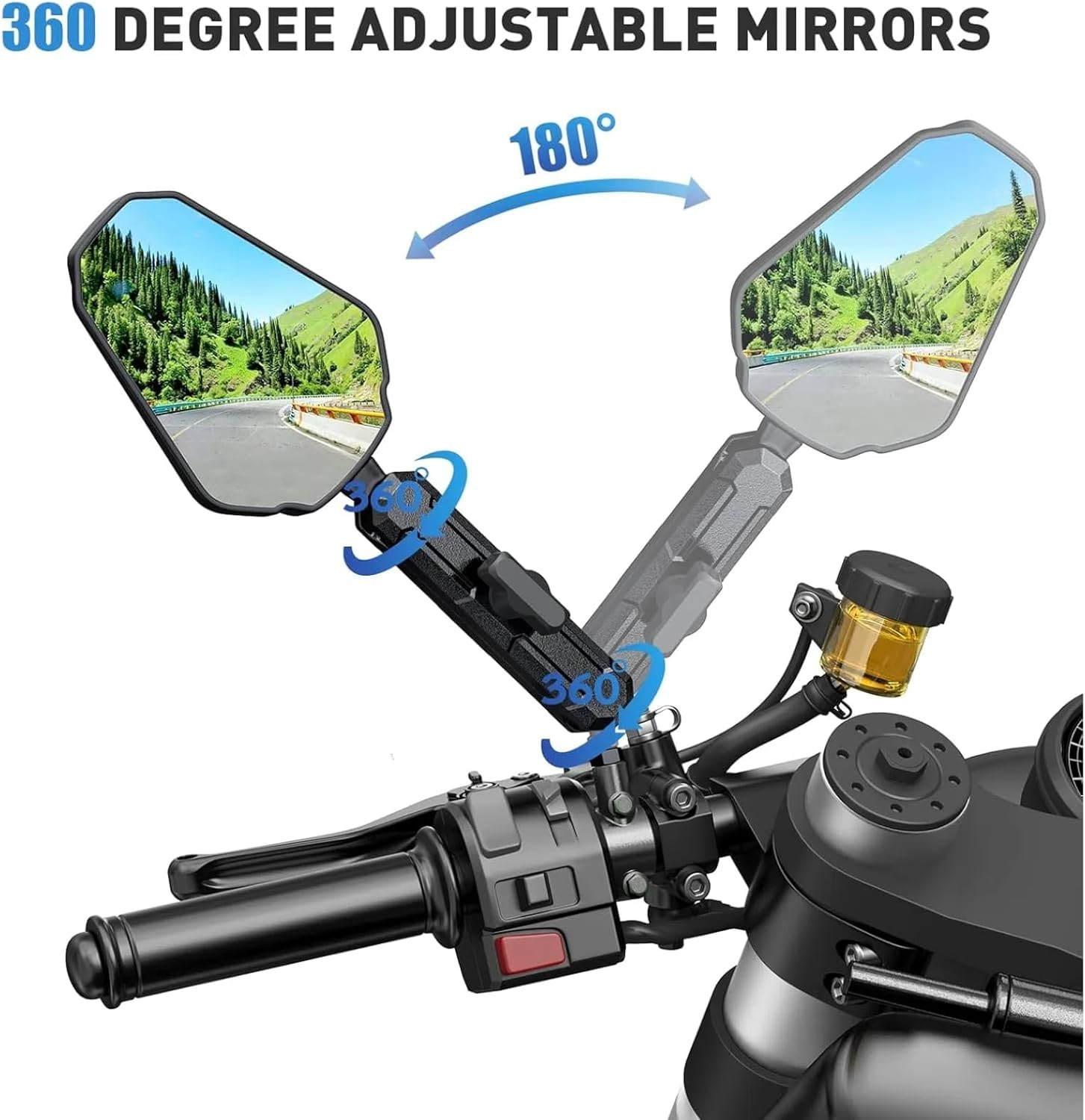 ALLWILLWELL Upgraded Heavy Duty Motorcycle Mirrors Large Lens Aluminum Bracket Shockproof Sturdy Suitable for ADV/ATV Models as Well as All Types of Motorcycles, Sports Cars and Bicycles. image number 4