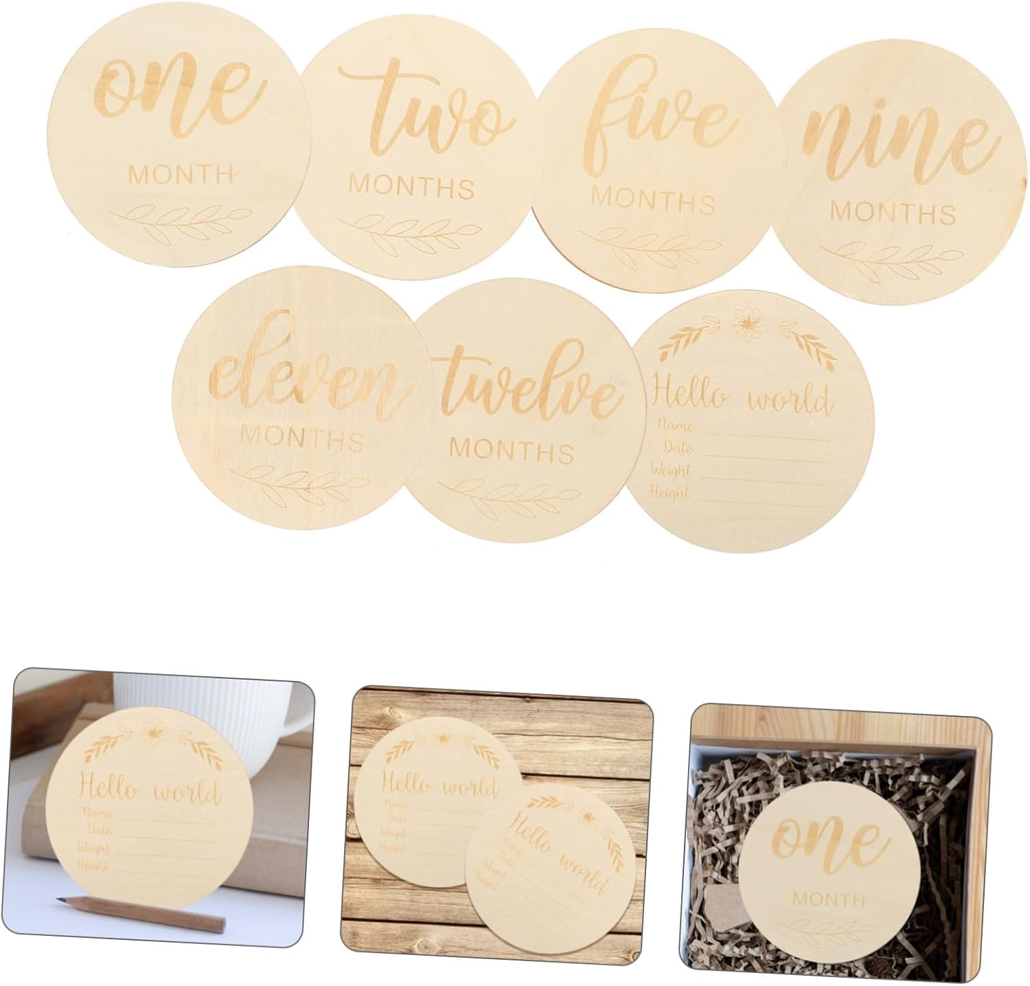 Veemoon 14Pcs Monthly Milestone Wood Discs Name Sign Birth Announcement for Newborn Gifts Unique Milestone Cards